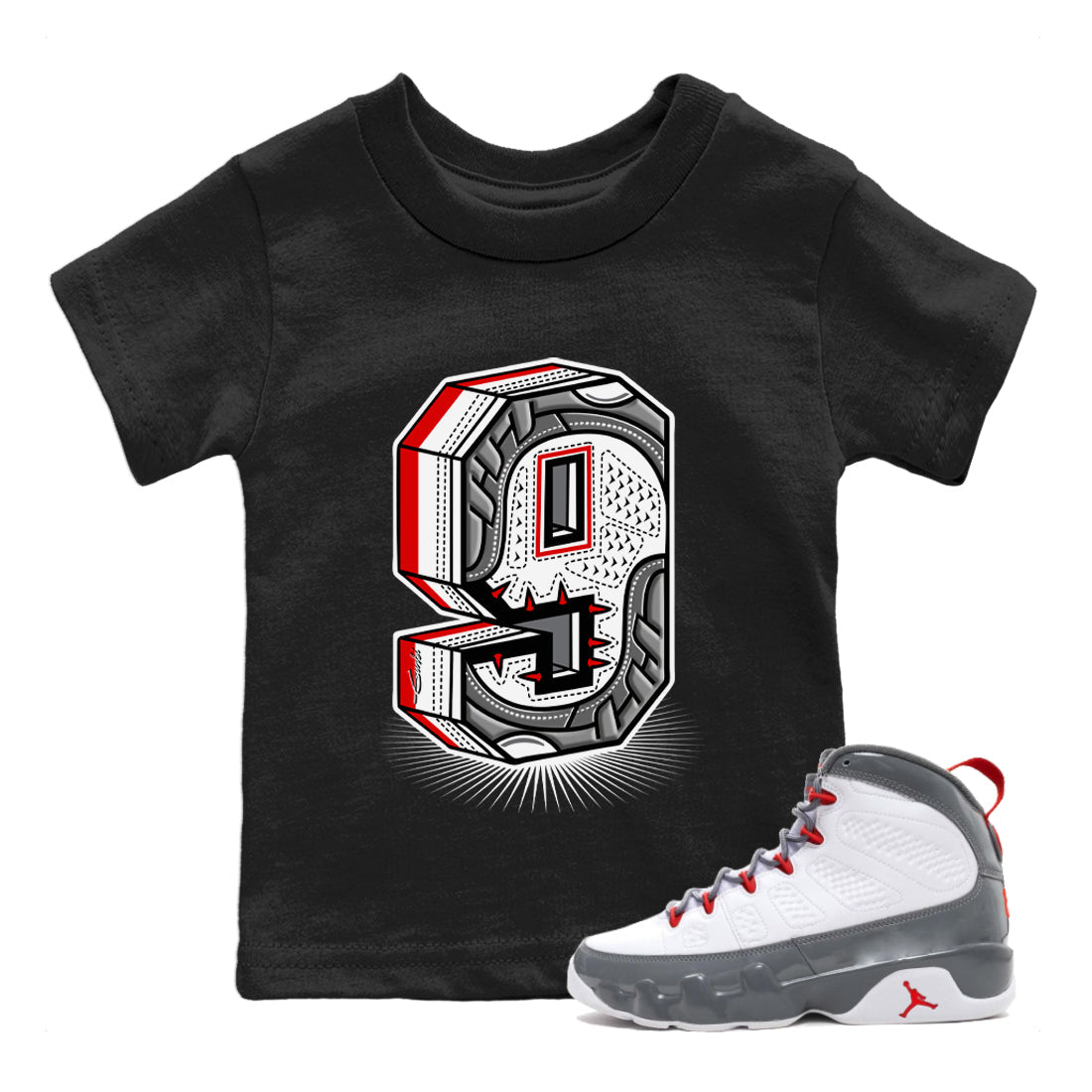Jordan 9 Fire Red Shirt To Match Jordans Nine Statue Sneaker Tees Jordan 9 Fire Red Drip Gear Zone Sneaker Matching Clothing Kids Shirts