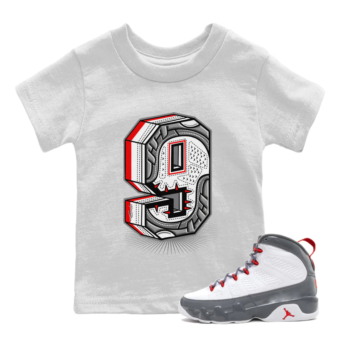 Jordan 9 Fire Red Shirt To Match Jordans Nine Statue Sneaker Tees Jordan 9 Fire Red Drip Gear Zone Sneaker Matching Clothing Kids Shirts