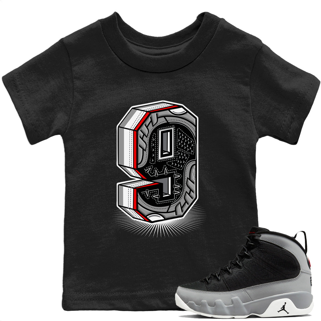 Jordan 9 Particle Grey Shirt To Match Jordans Nine Statue Sneaker Tees Jordan 9 Particle Grey Drip Gear Zone Sneaker Matching Clothing Kids Shirts