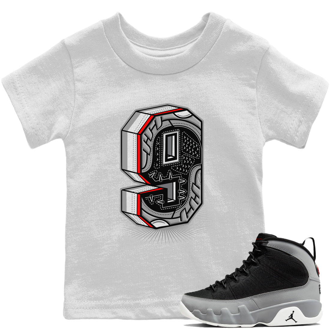 Jordan 9 Particle Grey Shirt To Match Jordans Nine Statue Sneaker Tees Jordan 9 Particle Grey Drip Gear Zone Sneaker Matching Clothing Kids Shirts