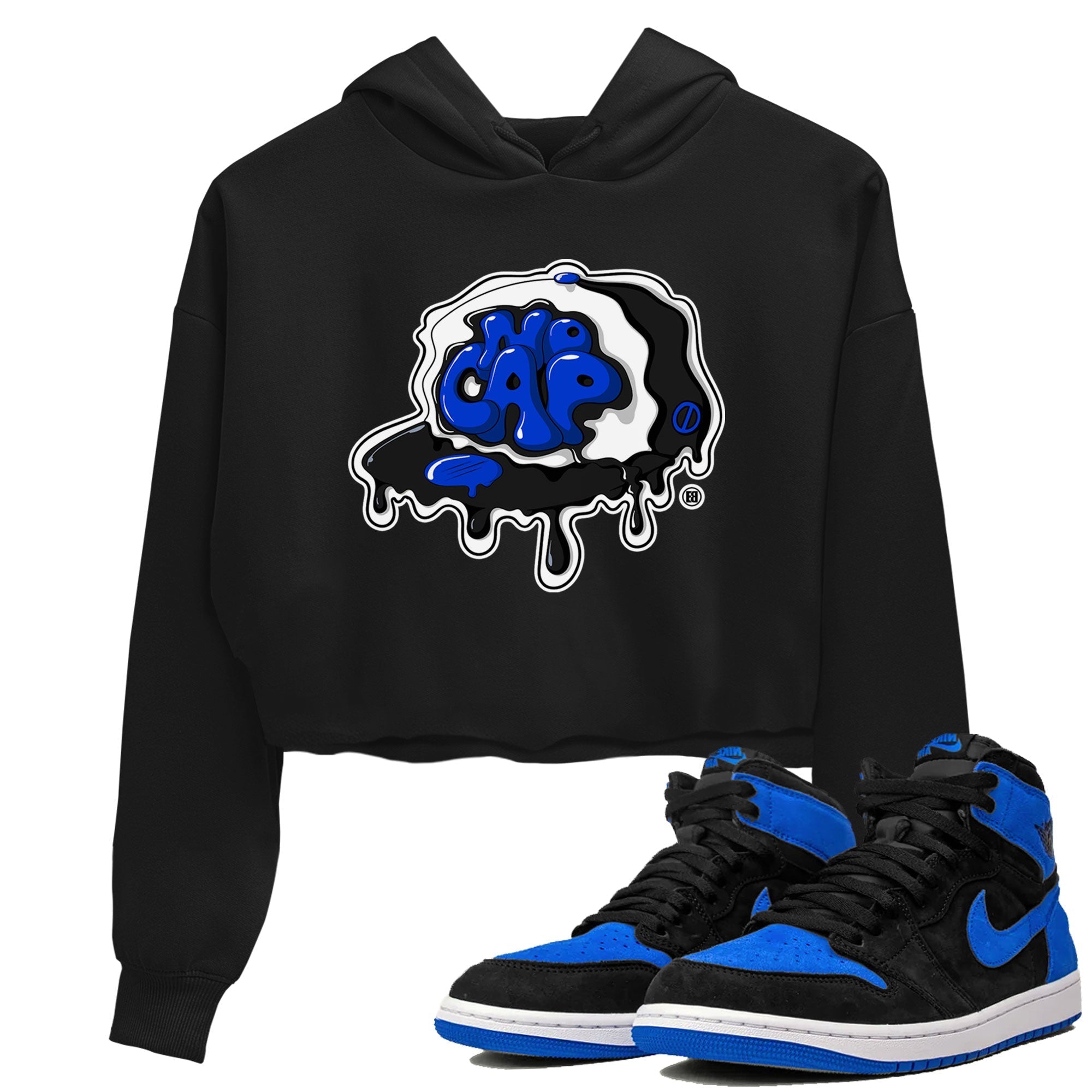 Air Jordan 1 Royal Reimagined shirt to match jordans No Cap sneaker tees Jordan 1 Retro High OG Royal Reimagined Drip Gear Zone Black 1 Crop T-Shirt