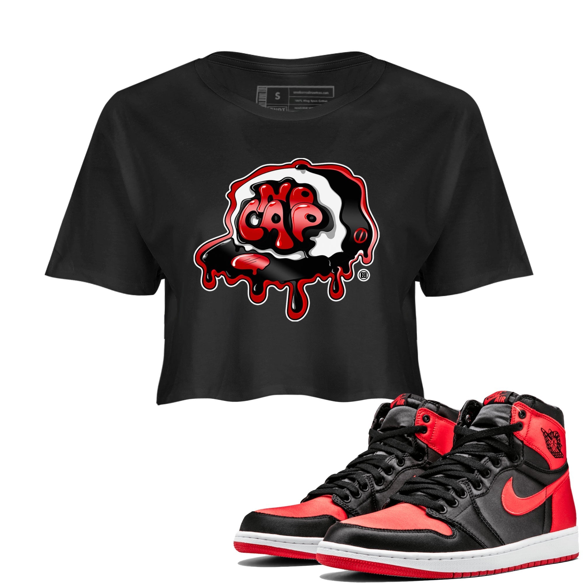 Air Jordan 1 Retro High OG Satin Bred shirt to match jordans No Cap Streetwear Sneaker Shirt Air Jordan 1 Satin Bred Drip Gear Zone Sneaker Matching Clothing Black 1 Crop T-Shirt