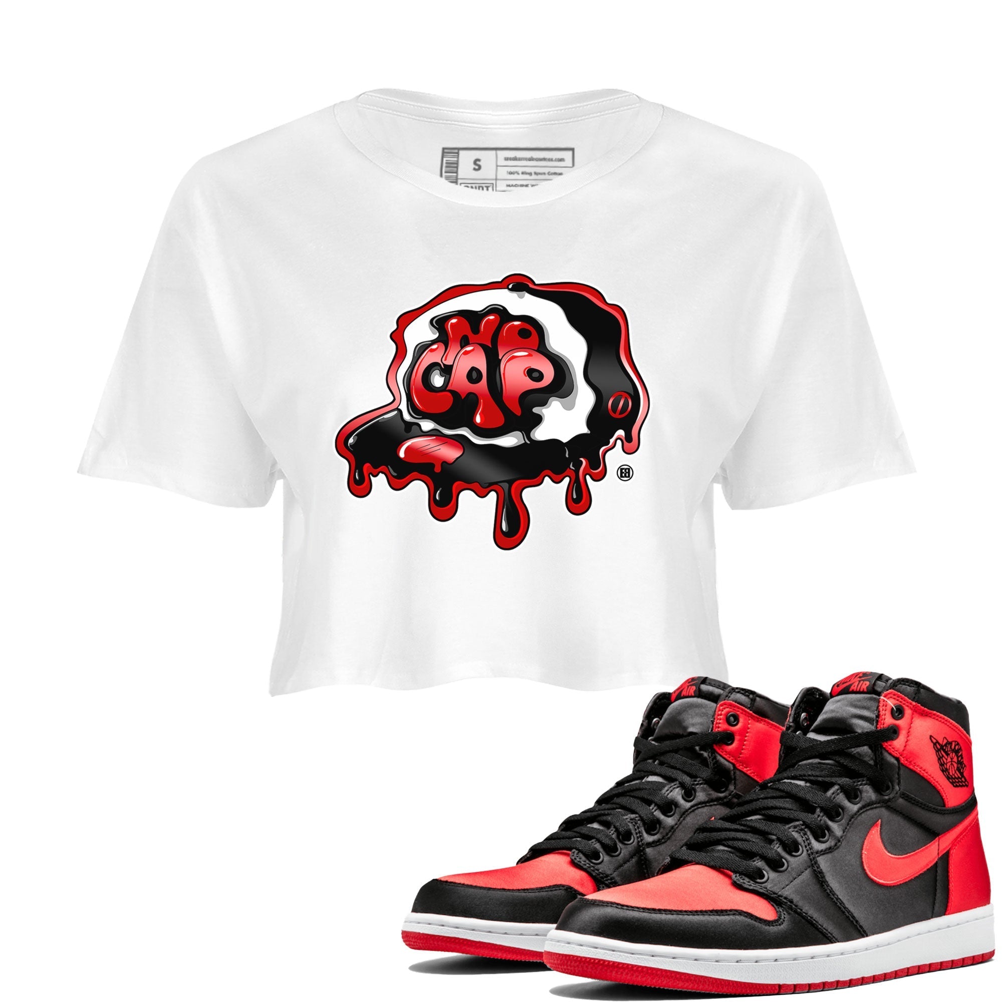 Air Jordan 1 Retro High OG Satin Bred shirt to match jordans No Cap Streetwear Sneaker Shirt Air Jordan 1 Satin Bred Drip Gear Zone Sneaker Matching Clothing White 1 Crop T-Shirt