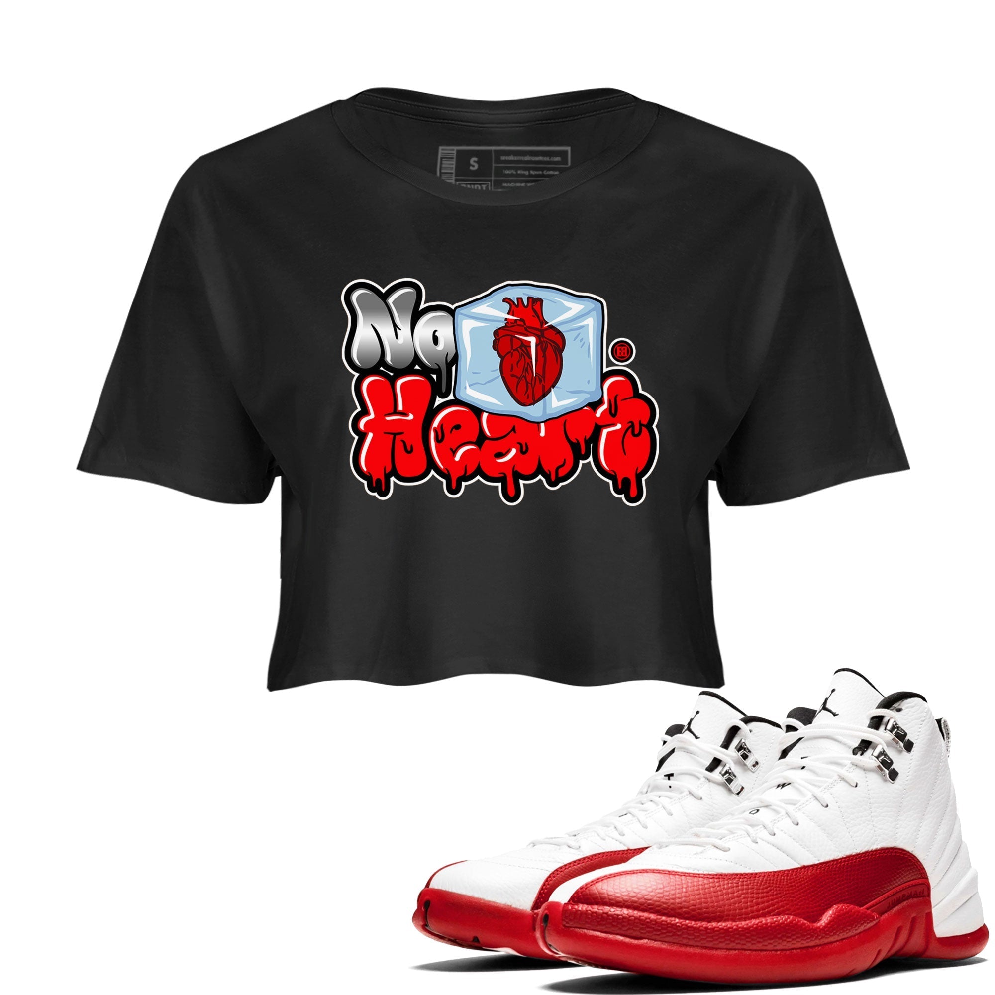 Air Jordan 12 Cherry shirt to match jordans No Hearts sneaker tees Air Jordan 12 Cherry Drip Gear Zone Black 1 Crop T-Shirt