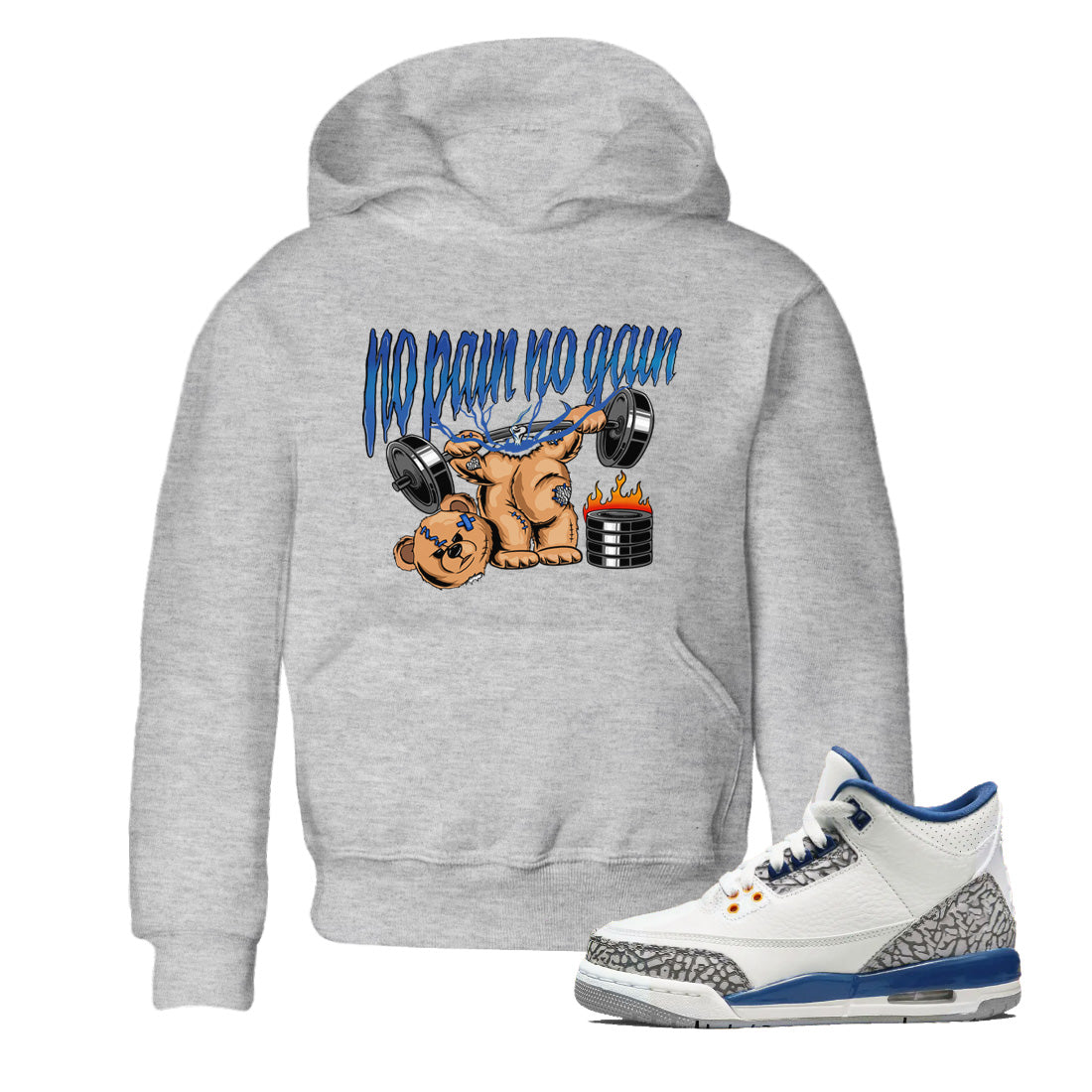 Air Jordan 3 Wizards Sneaker Match Tees No Pain No Gain Streetwear Sneaker Shirt Air Jordan 3 Retro Wizards Sneaker Release Tees Kids Shirts Heather Grey 1