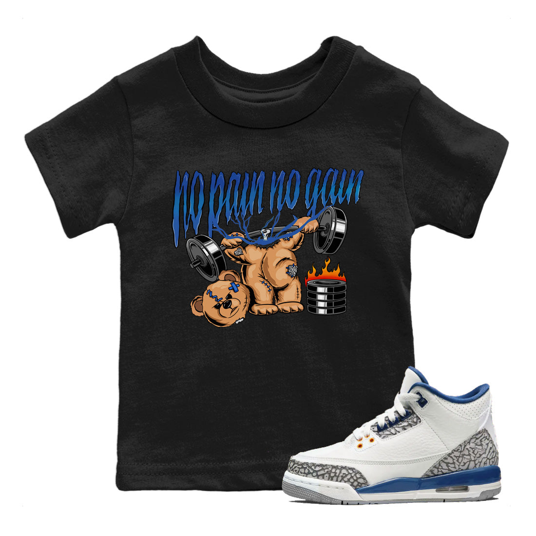 Air Jordan 3 Wizards Sneaker Match Tees No Pain No Gain Streetwear Sneaker Shirt Air Jordan 3 Retro Wizards Sneaker Release Tees Kids Shirts Black 1