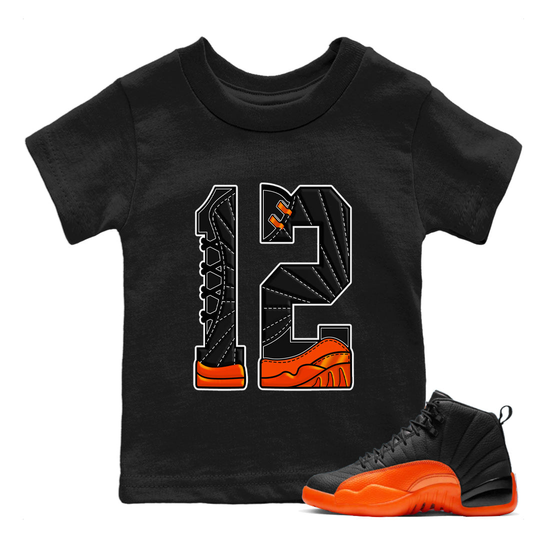 Air Jordan 12 Brilliant Orange Sneaker Match Tees Number 12 Streetwear Sneaker Shirt Air Jordan 12 Orange Sneaker Release Tees Kids Shirts Black 1