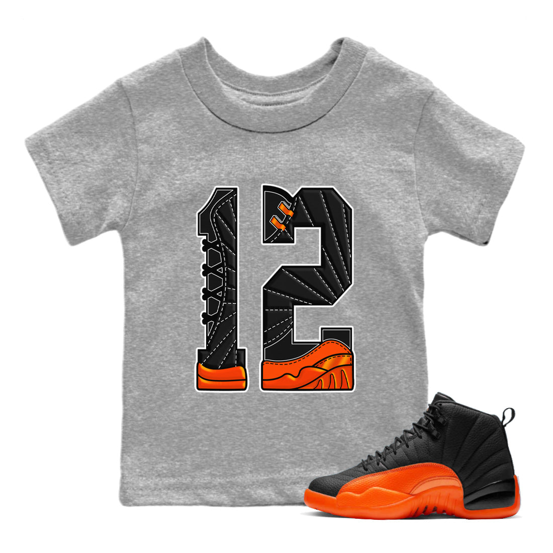 Air Jordan 12 Brilliant Orange Sneaker Match Tees Number 12 Streetwear Sneaker Shirt Air Jordan 12 Orange Sneaker Release Tees Kids Shirts Heather Grey 1