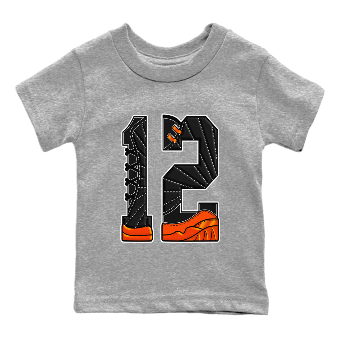 Air Jordan 12 Brilliant Orange Sneaker Match Tees Number 12 Streetwear Sneaker Shirt Air Jordan 12 Orange Sneaker Release Tees Kids Shirts Heather Grey 2