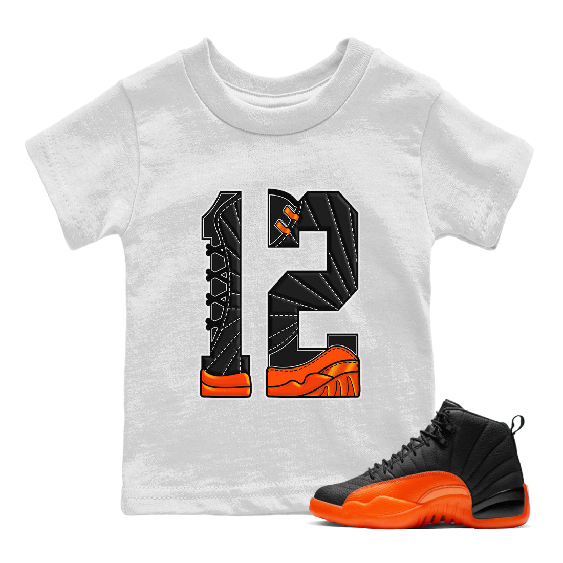 Air Jordan 12 Brilliant Orange Sneaker Match Tees Number 12 Streetwear Sneaker Shirt Air Jordan 12 Orange Sneaker Release Tees Kids Shirts White 1