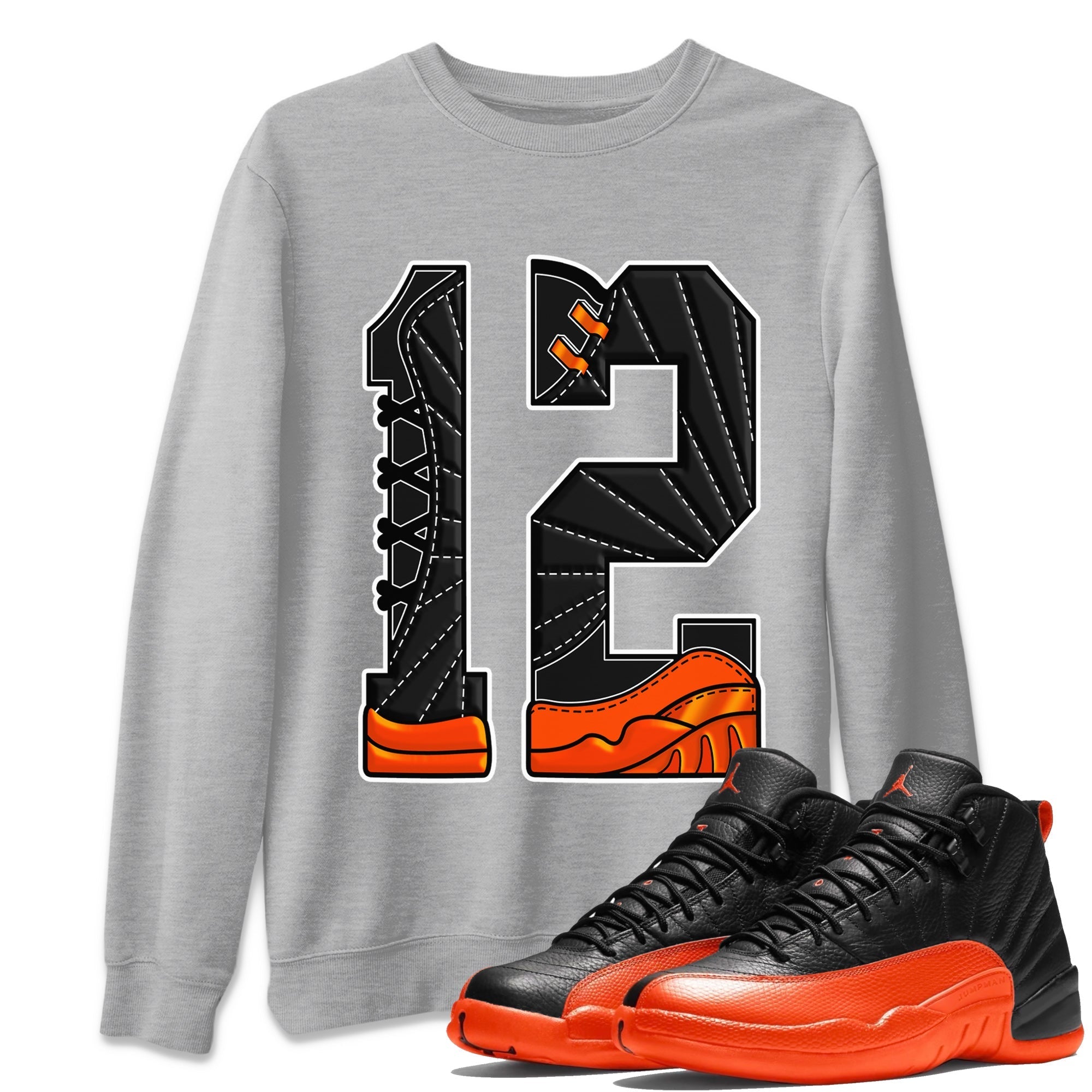 Air Jordan 12 Brilliant Orange Sneaker Match Tees Number 12 Streetwear Sneaker Shirt Air Jordan 12 Orange Sneaker Release Tees Unisex Shirts Heather Grey 1