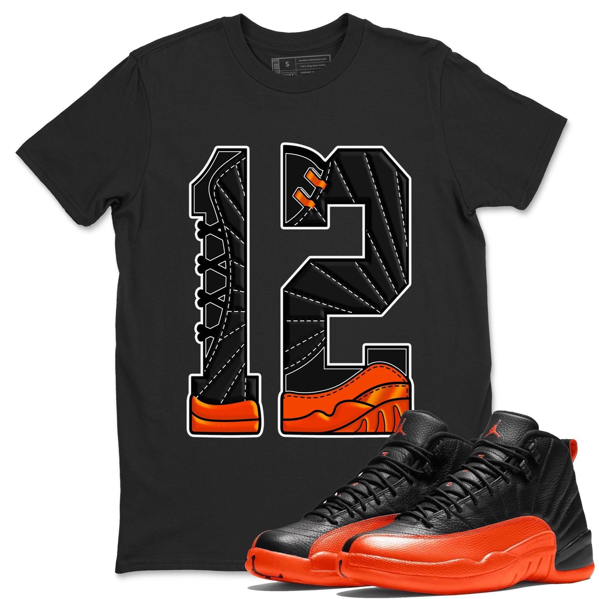 Air Jordan 12 Brilliant Orange Sneaker Match Tees Number 12 Streetwear Sneaker Shirt Air Jordan 12 Orange Sneaker Release Tees Unisex Shirts Black 1