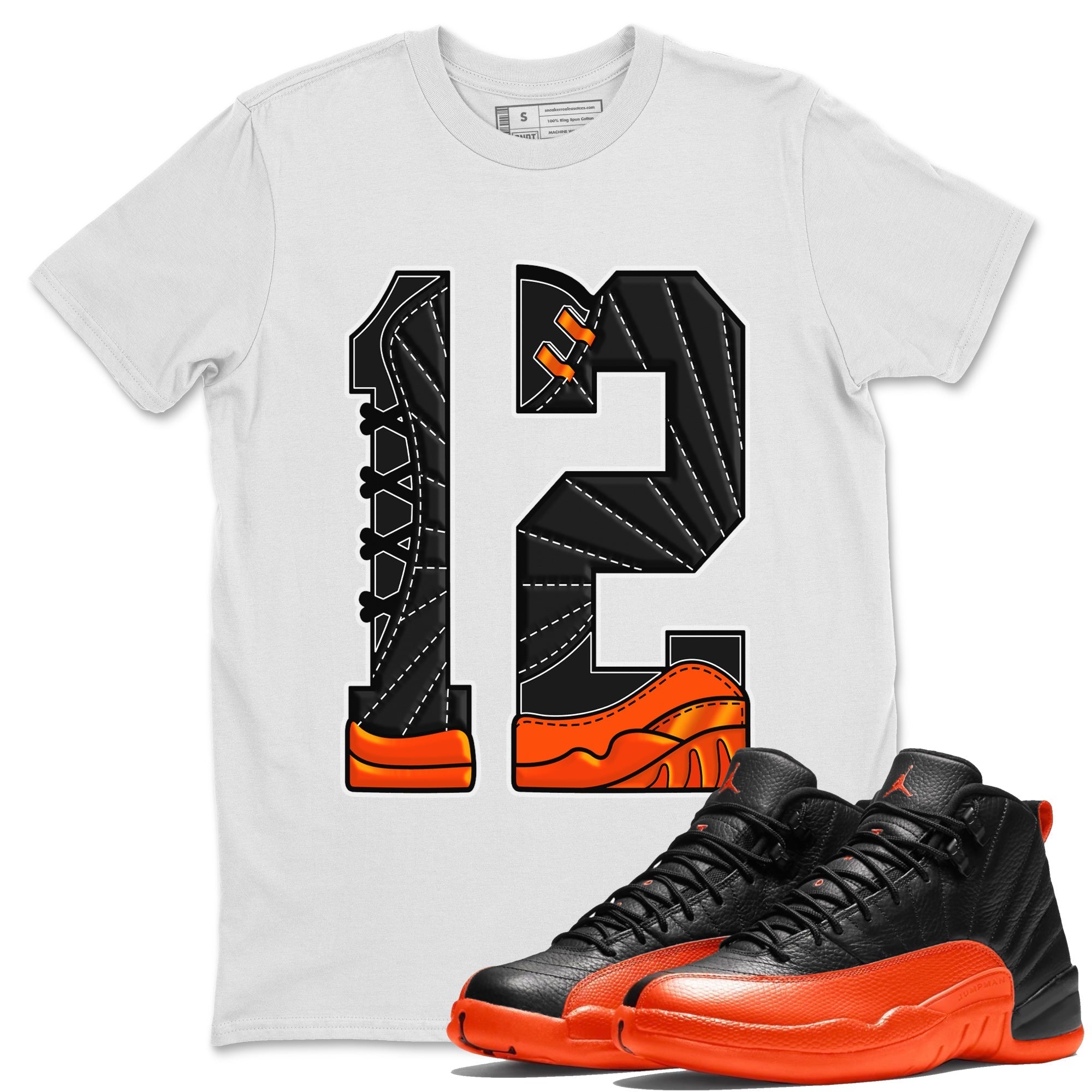 Air Jordan 12 Brilliant Orange Sneaker Match Tees Number 12 Streetwear Sneaker Shirt Air Jordan 12 Orange Sneaker Release Tees Unisex Shirts White 1