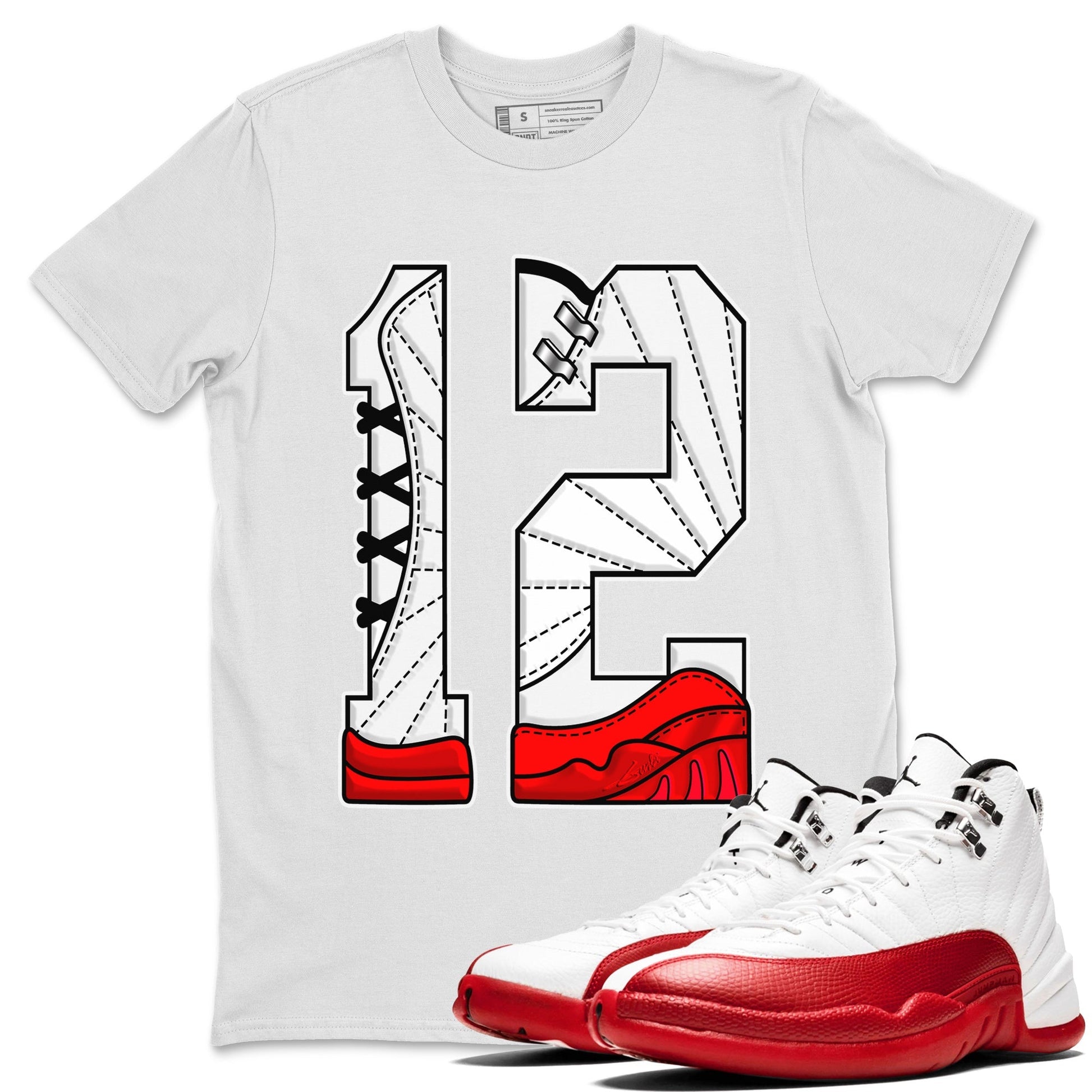 12s Cherry Sneaker Match Tees Number 12 Sneaker Tees Air Jordan 12 Cherry Sneaker Release Tees Unisex Shirts White 1