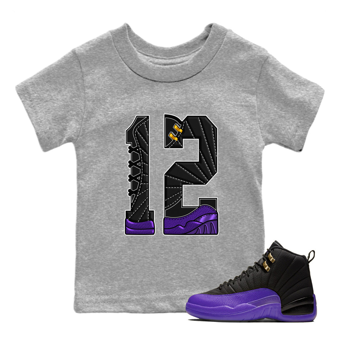Air Jordan 12 Field Purple Sneaker Match Tees Number 12 Streetwear Sneaker Shirt Air Jordan 12 Purple Sneaker Release Tees Kids Shirts Heather Grey 1