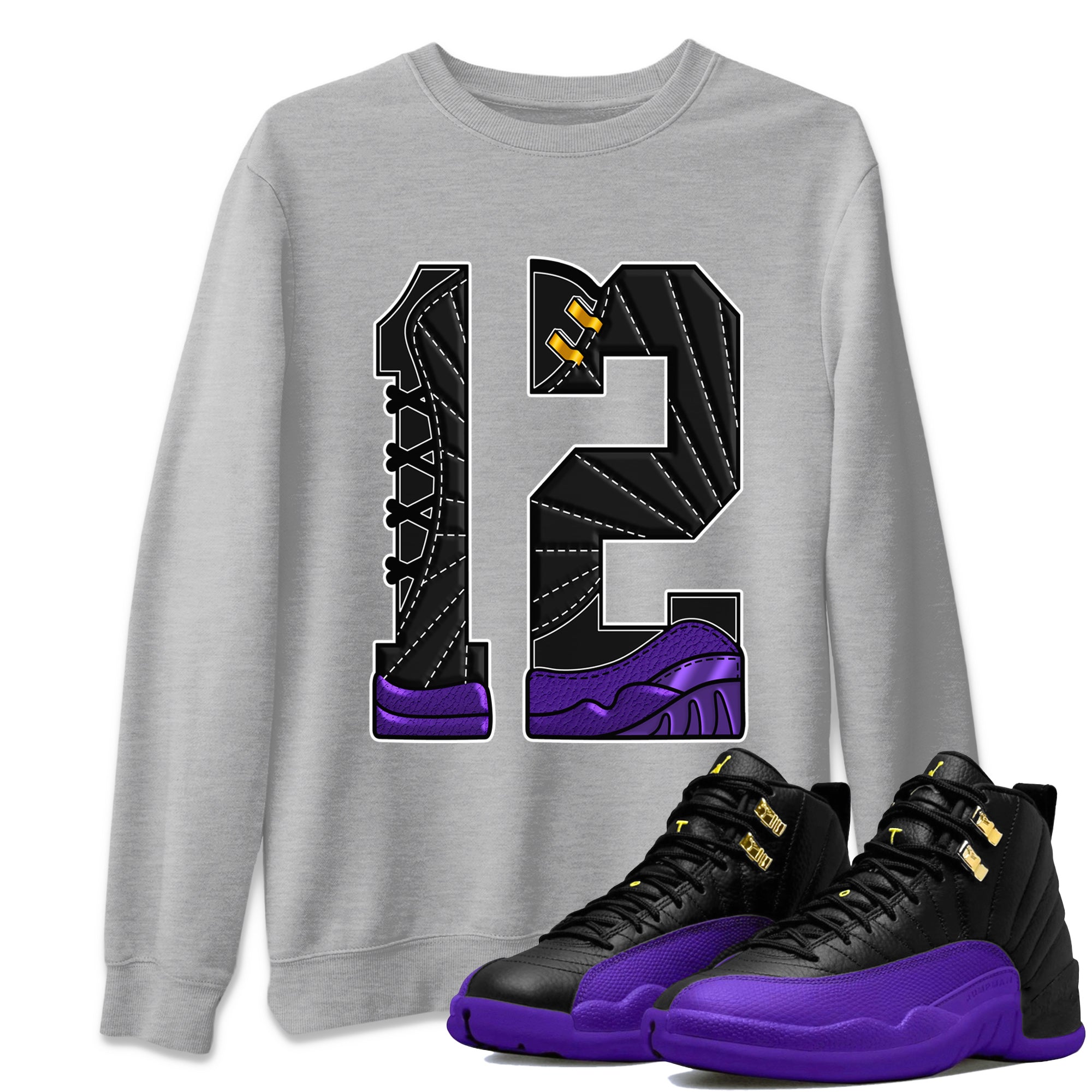 Air Jordan 12 Field Purple Sneaker Match Tees Number 12 Streetwear Sneaker Shirt Air Jordan 12 Purple Sneaker Release Tees Unisex Shirts Heather Grey 1