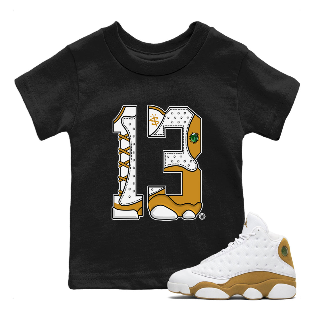 Jordan Retro 13 Wheat Sneaker Matching Tee Number 13 Streetwear Sneaker Shirt Air Jordan 13 Wheat Sneaker Release Tees Kids Shirts Black 1