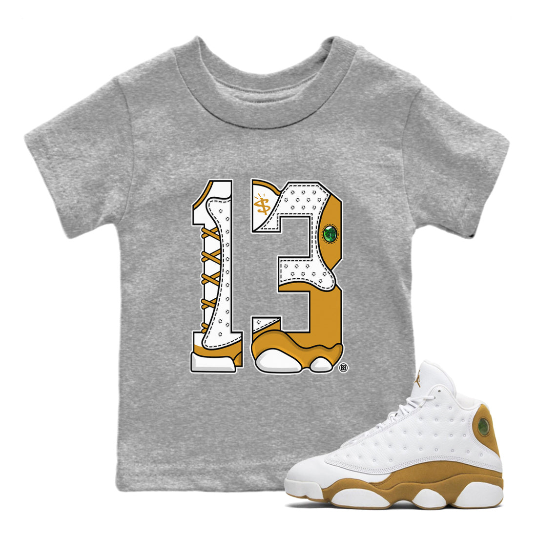 Jordan Retro 13 Wheat Sneaker Matching Tee Number 13 Streetwear Sneaker Shirt Air Jordan 13 Wheat Sneaker Release Tees Kids Shirts Heather Grey 1