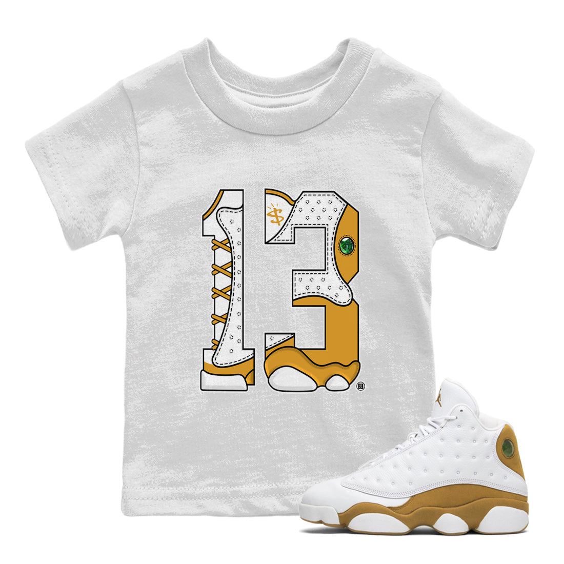 Jordan Retro 13 Wheat Sneaker Matching Tee Number 13 Streetwear Sneaker Shirt Air Jordan 13 Wheat Sneaker Release Tees Kids Shirts White 1