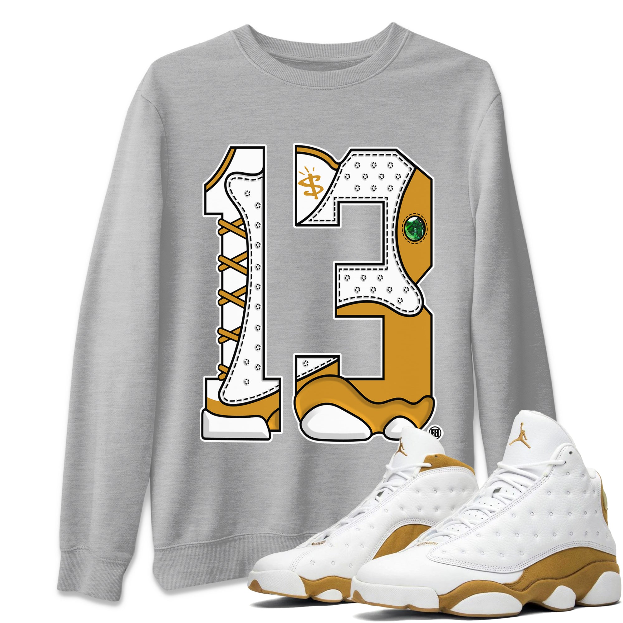Jordan Retro 13 Wheat Sneaker Matching Tee Number 13 Streetwear Sneaker Shirt Air Jordan 13 Wheat Sneaker Release Tees Unisex Shirts Heather Grey 1