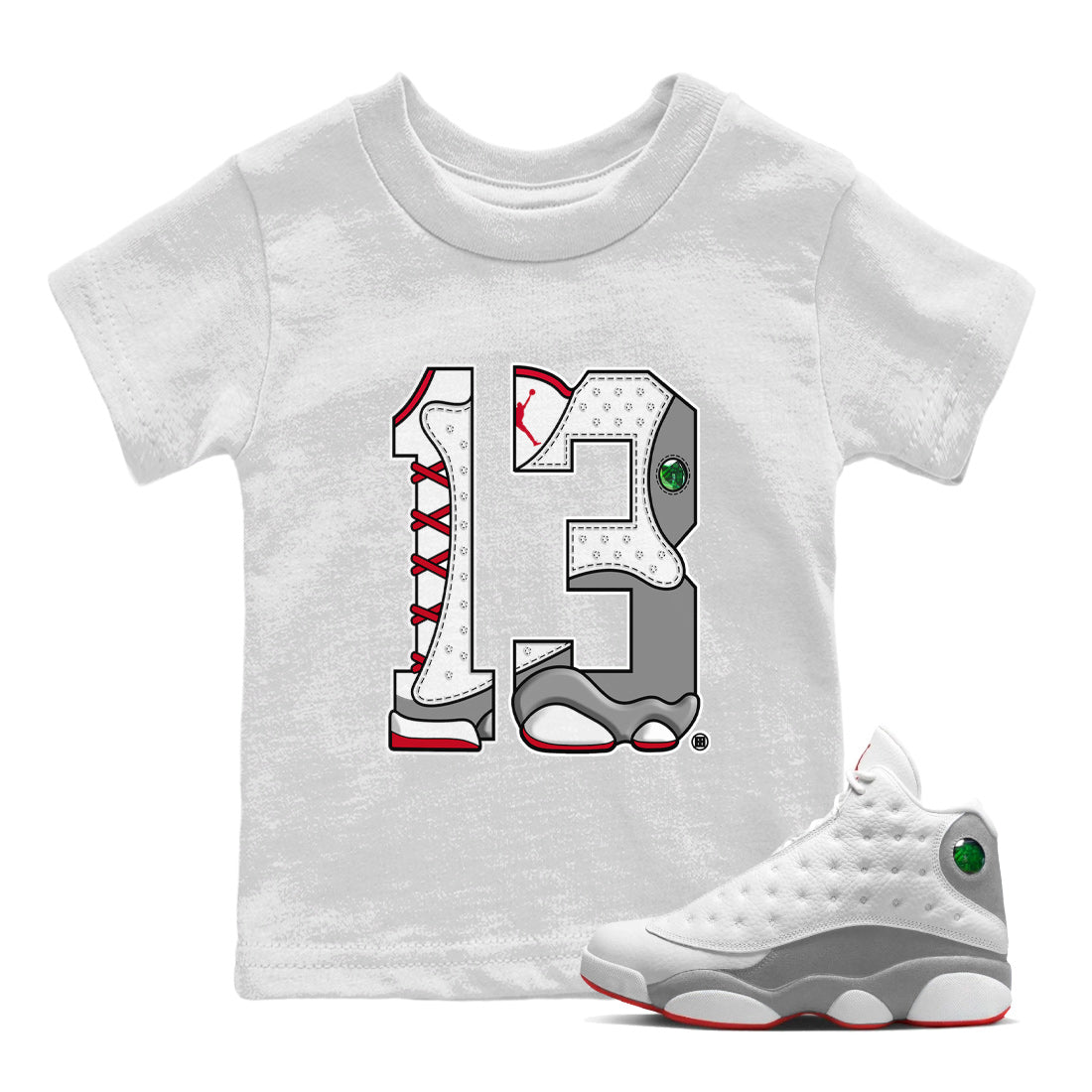 Air Jordan 13 Wolf Grey Sneaker Match Tees Number 13 Streetwear Sneaker Shirt Air Jordan 13 Retro Wolf Grey T-Shirt Kids Shirts White 1