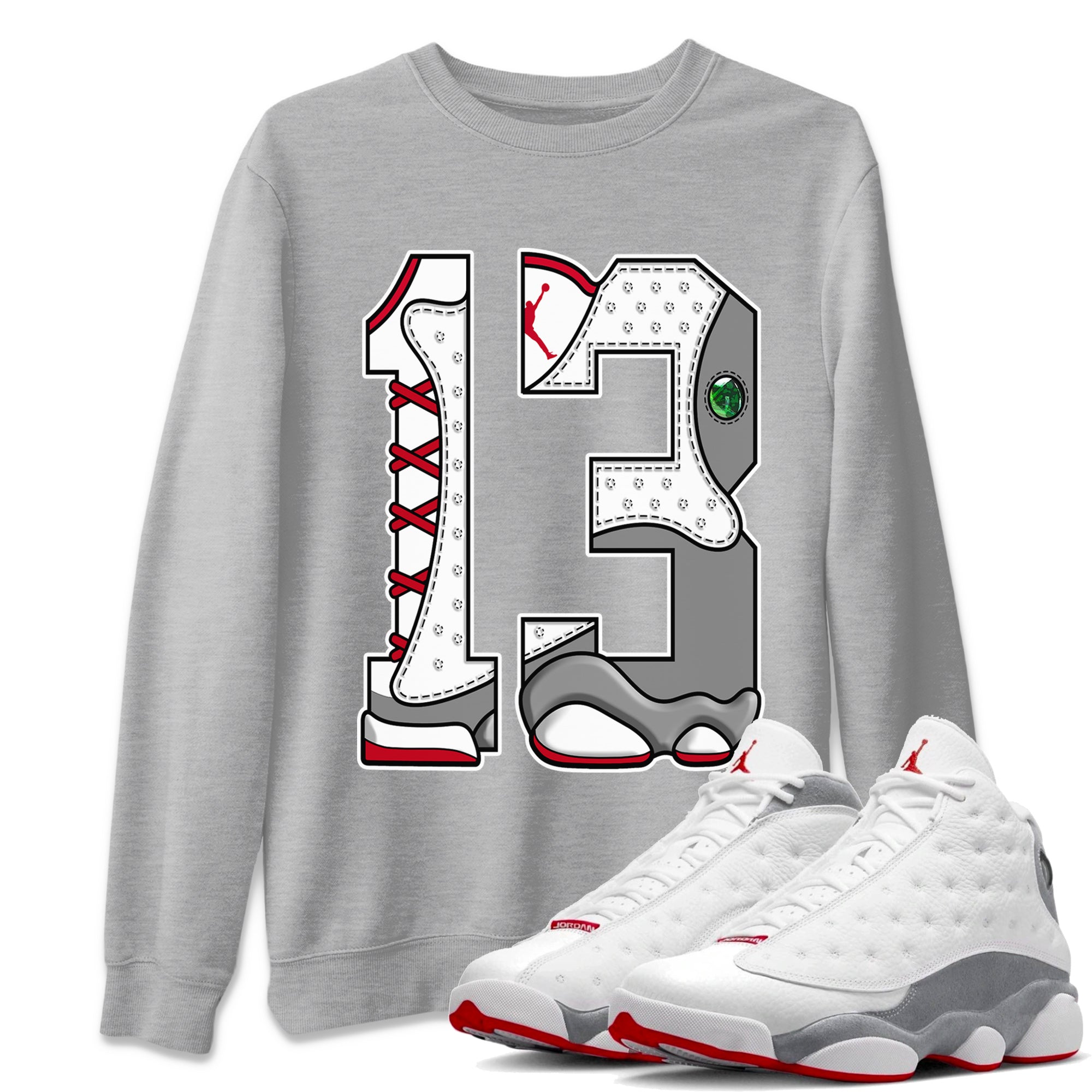 Air Jordan 13 Wolf Grey Sneaker Match Tees Number 13 Streetwear Sneaker Shirt Air Jordan 13 Retro Wolf Grey T-Shirt Unisex Shirts Heather Grey 1