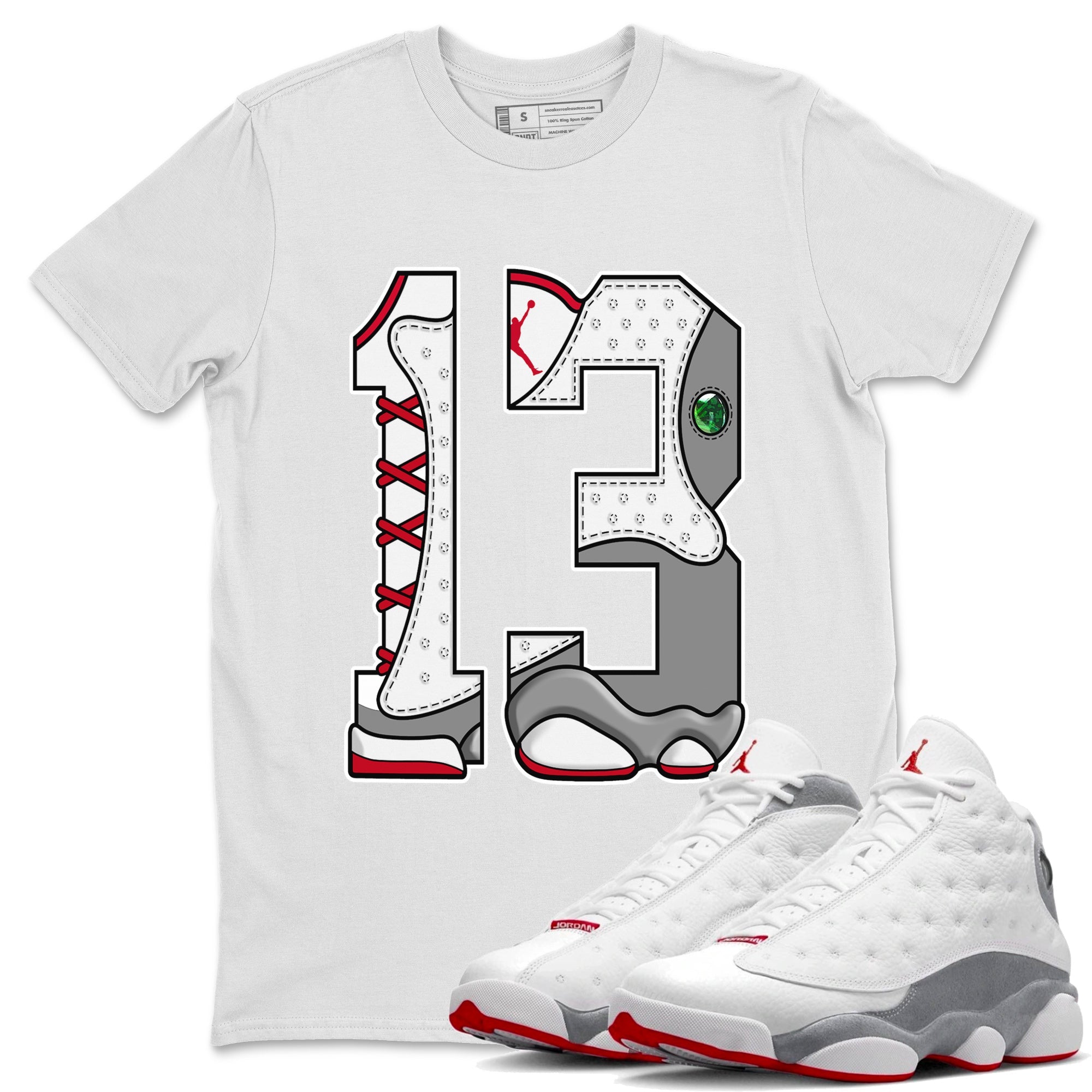 Air Jordan 13 Wolf Grey Sneaker Match Tees Number 13 Streetwear Sneaker Shirt Air Jordan 13 Retro Wolf Grey T-Shirt Unisex Shirts White 1