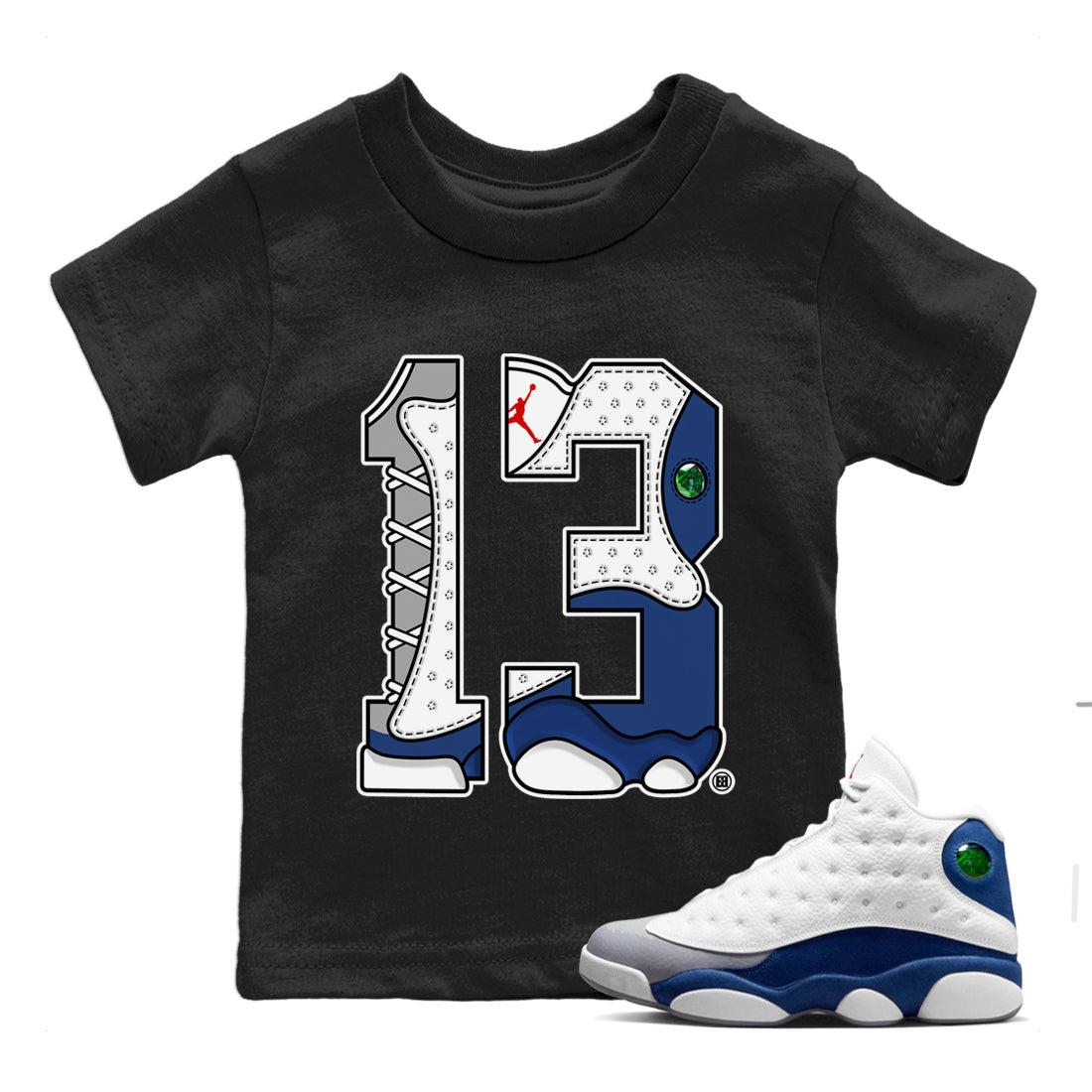 Jordan 13 French Blue Sneaker Matching T-Shirt Number 13 Sneaker Tees Jordan 13 French Blue Sneaker Release Tees Kids Shirts