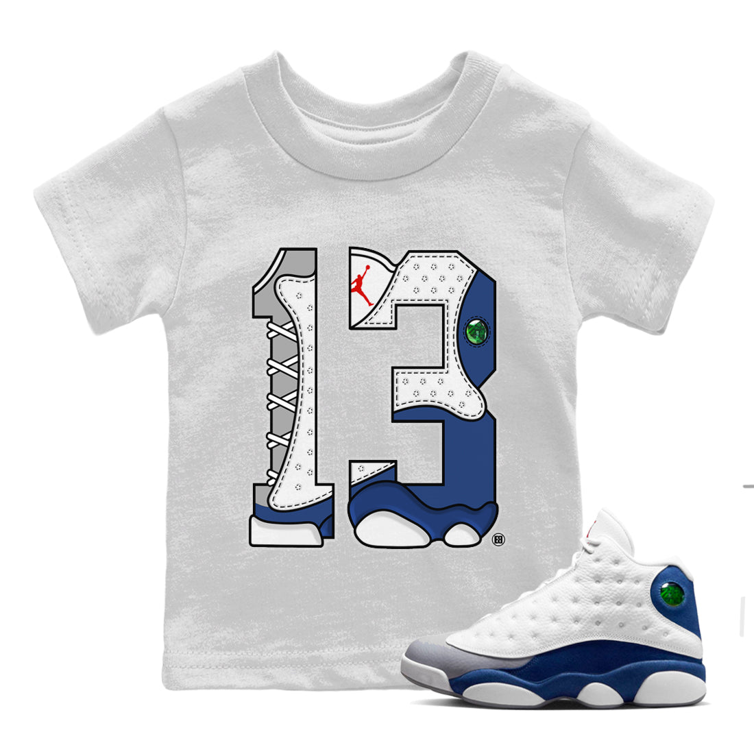 Jordan 13 French Blue Sneaker Matching T-Shirt Number 13 Sneaker Tees Jordan 13 French Blue Sneaker Release Tees Kids Shirts