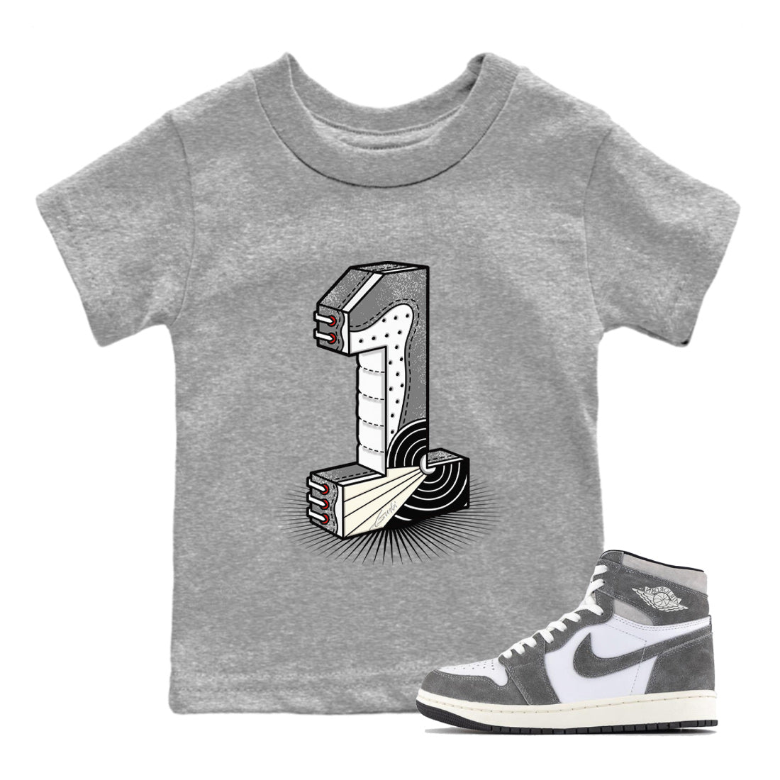 Air Jordan 1 Washed Heritage Sneaker Match Tees Number Statue Streetwear Sneaker Shirt Air Jordan 1 Washed Heritage T-Shirt Kids Shirts Heather Grey 1
