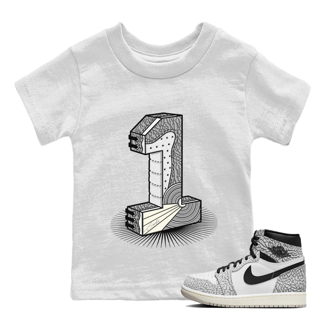 Jordan 1 White Cement Sneaker Matching T-Shirt Number Statue Sneaker Tees Jordan 1 White Cement Sneaker Release Tees Kids Shirts