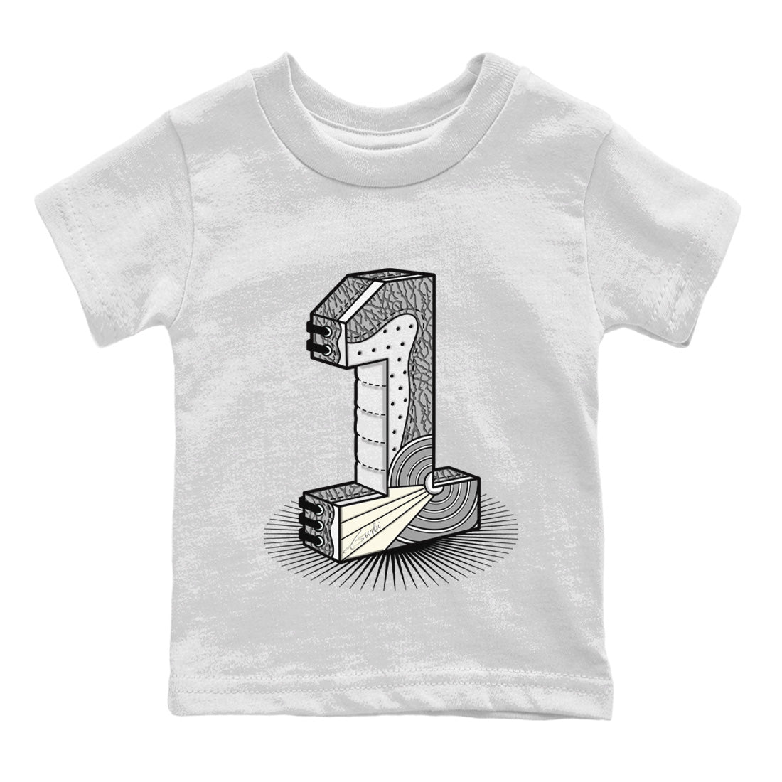 Jordan 1 White Cement Sneaker Matching T-Shirt Number Statue Sneaker Tees Jordan 1 White Cement Sneaker Release Tees Kids Shirts