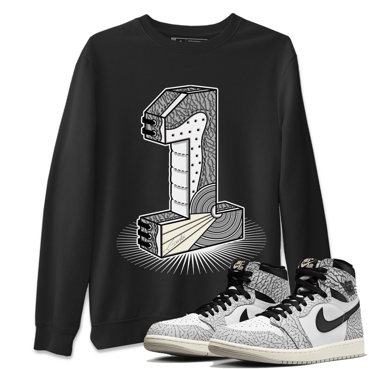 Jordan 1 White Cement Sneaker Matching T-Shirt Number Statue Sneaker Tees Jordan 1 White Cement Sneaker Release Tees Crew Neck Tees