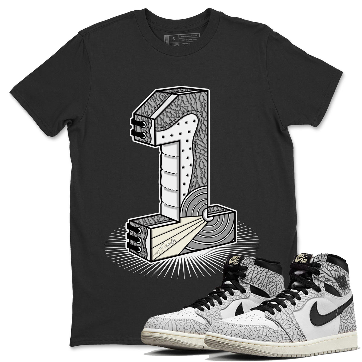 Jordan 1 White Cement Sneaker Matching T-Shirt Number Statue Sneaker Tees Jordan 1 White Cement Sneaker Release Tees Crew Neck Tees