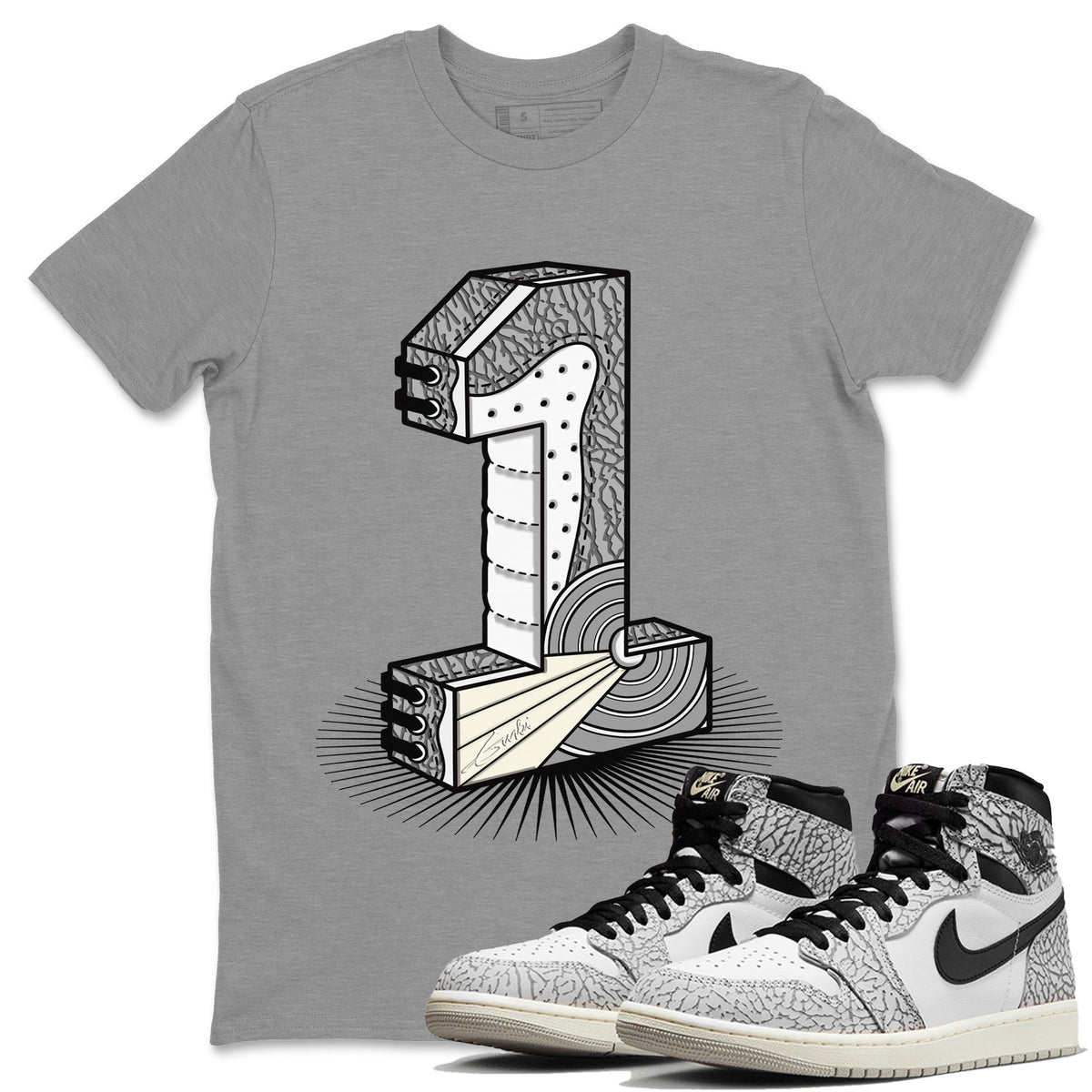 Jordan 1 White Cement Sneaker Matching T-Shirt Number Statue Sneaker Tees Jordan 1 White Cement Sneaker Release Tees Crew Neck Tees