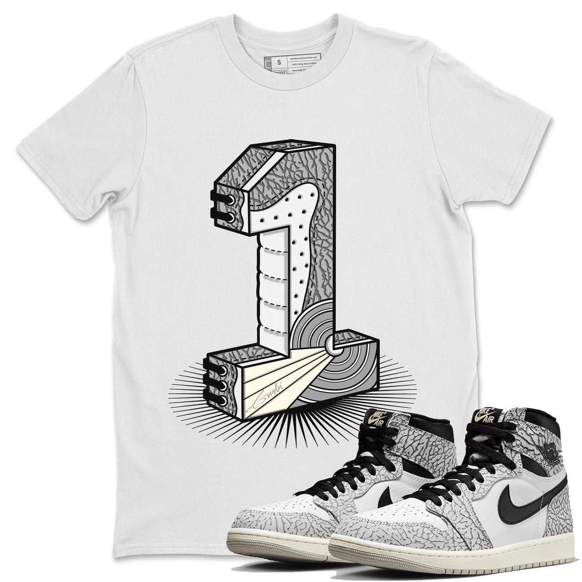 Jordan 1 White Cement Sneaker Matching T-Shirt Number Statue Sneaker Tees Jordan 1 White Cement Sneaker Release Tees Crew Neck Tees