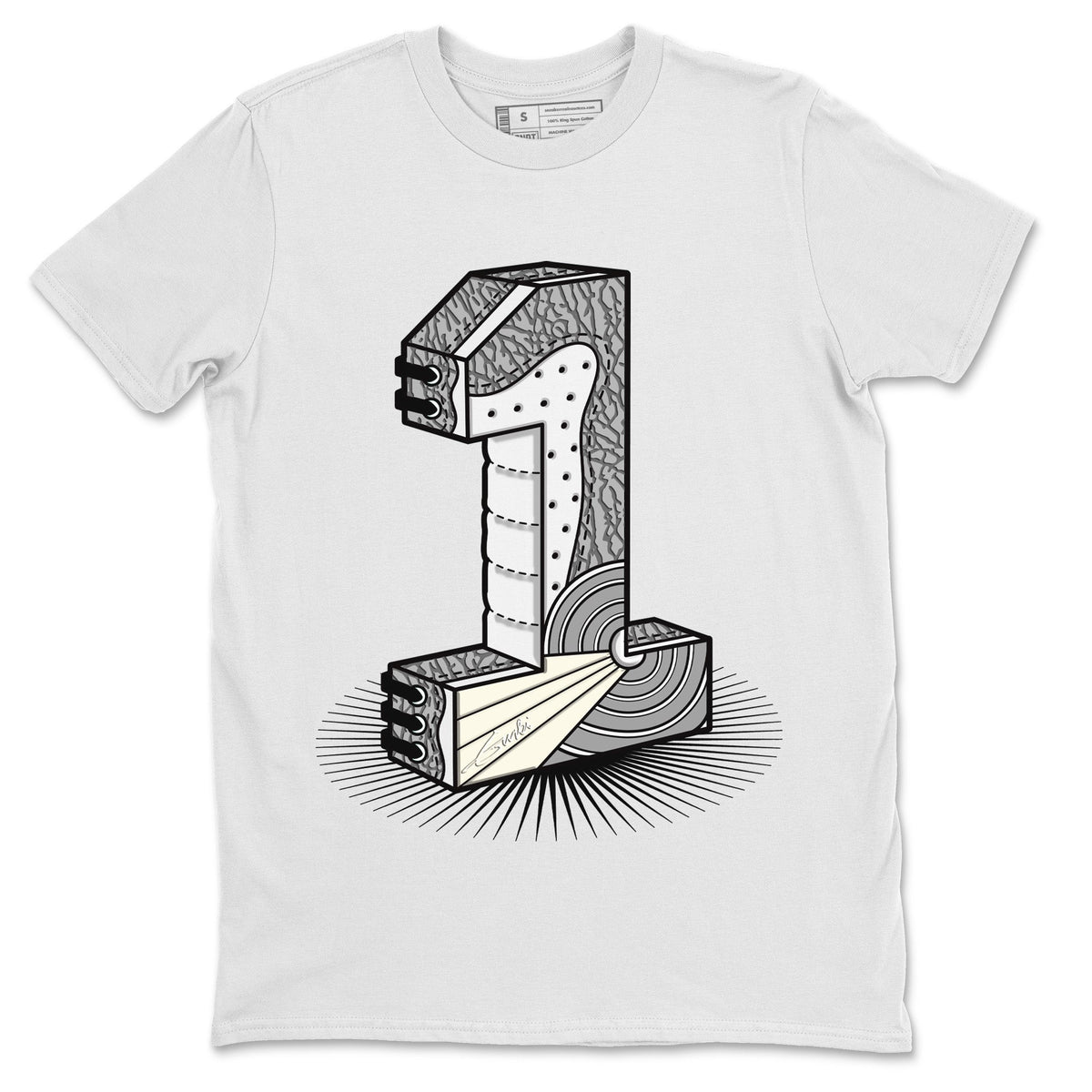 Jordan 1 White Cement Sneaker Matching T-Shirt Number Statue Sneaker Tees Jordan 1 White Cement Sneaker Release Tees Crew Neck Tees