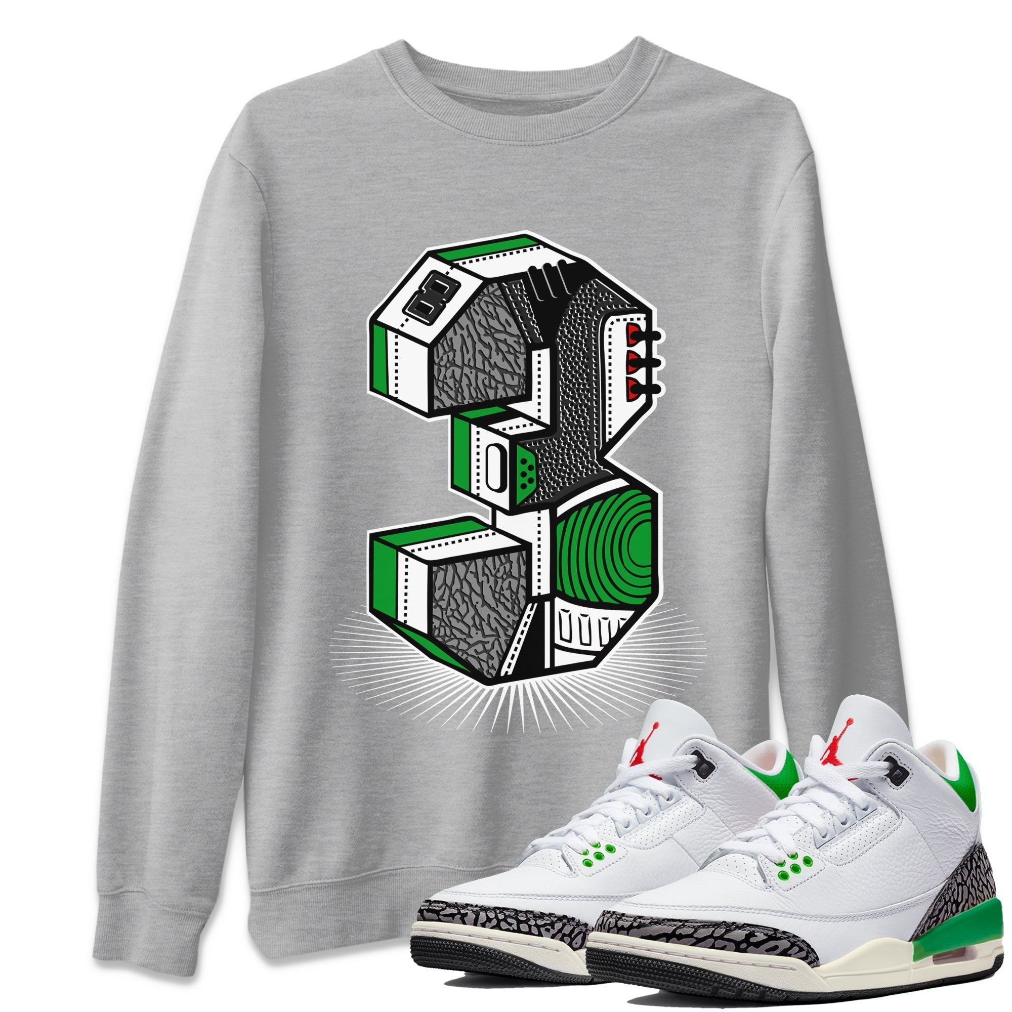 Air Jordan 3 Lucky Green Sneaker Match Tees Number Statue Streetwear Sneaker Shirt Jordan 3 Retro Lucky Green Sneaker Release Tees Unisex Shirts Heather Grey 1