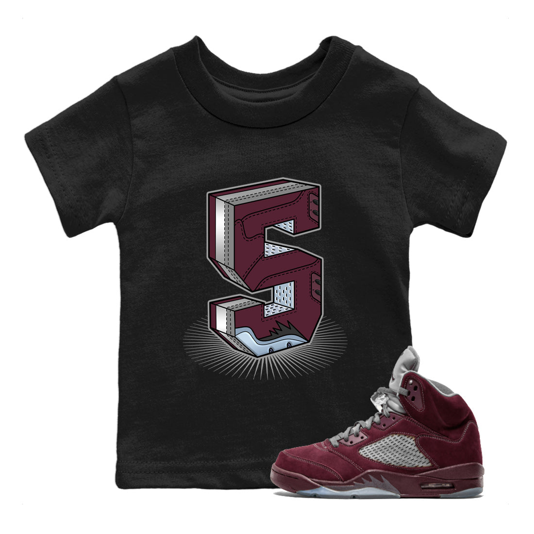 Air Jordan 5 Burgundy Sneaker Match Tees Number Statue Streetwear Sneaker Shirt AJ5 Burgundy Sneaker Release Tees Kids Shirts Black 1