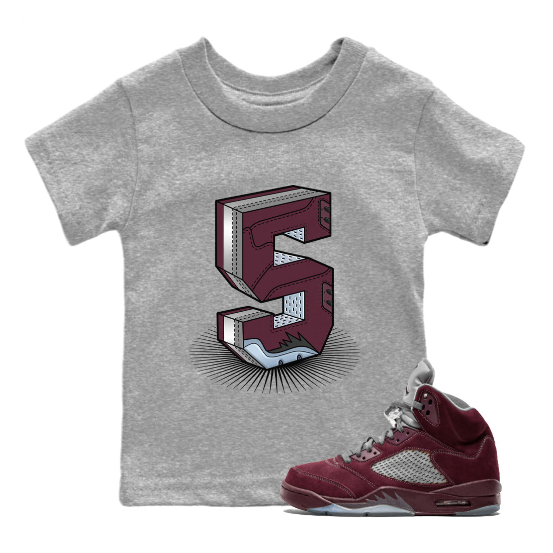 Air Jordan 5 Burgundy Sneaker Match Tees Number Statue Streetwear Sneaker Shirt AJ5 Burgundy Sneaker Release Tees Kids Shirts Heather Grey 1