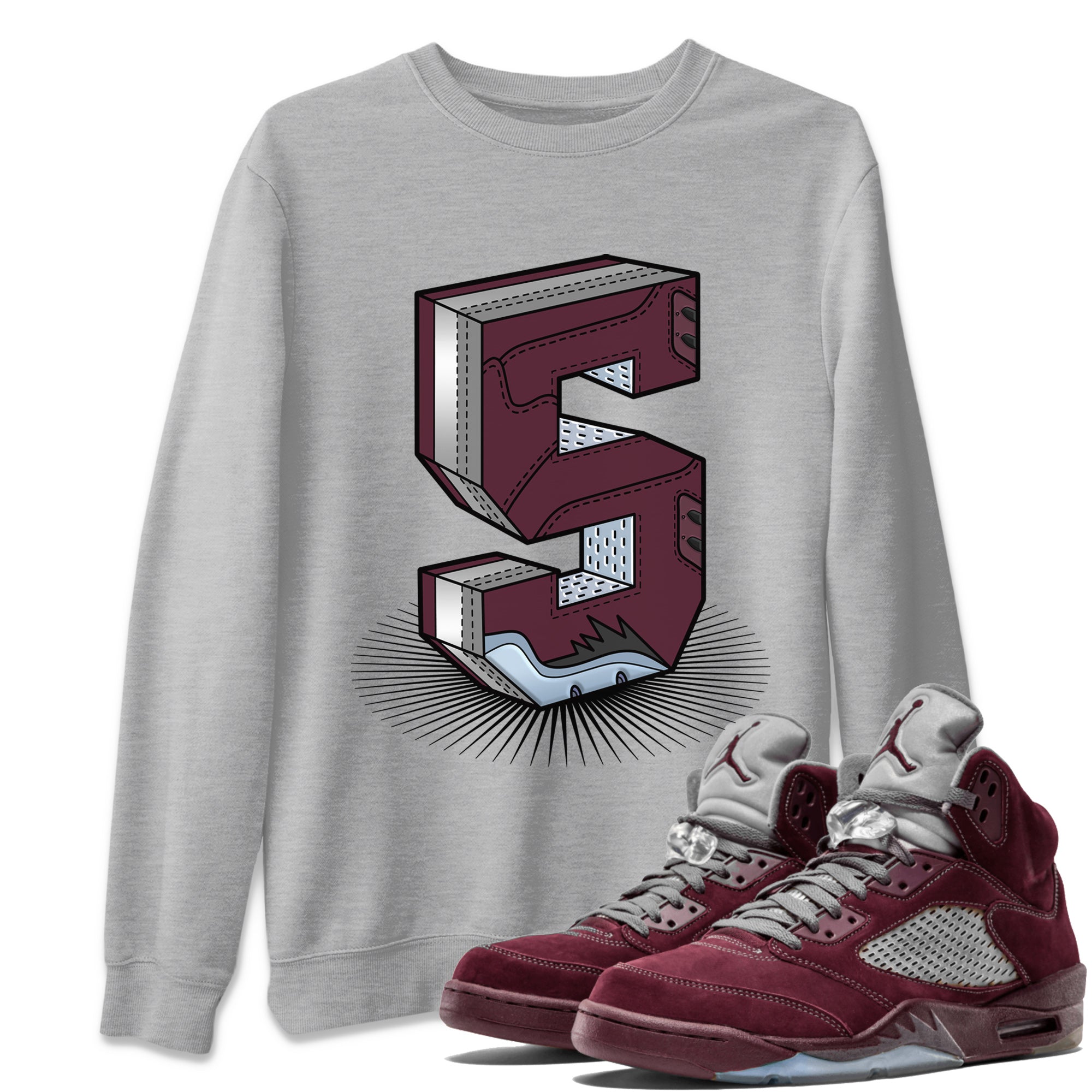 Air Jordan 5 Burgundy Sneaker Match Tees Number Statue Streetwear Sneaker Shirt AJ5 Burgundy Sneaker Release Tees Unisex Shirts Heather Grey 1