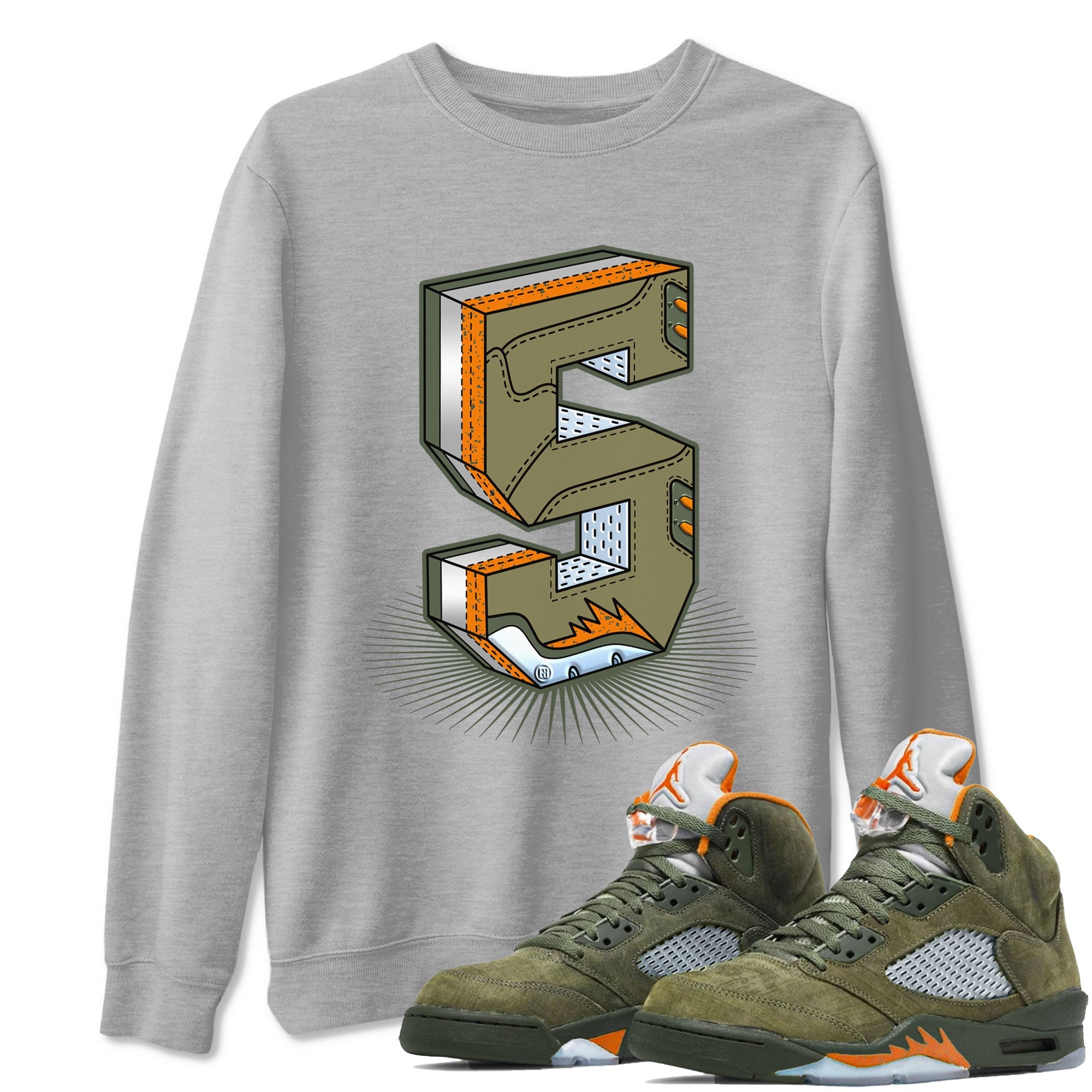 5s Olive shirt to match jordans Number Statue sneaker tees Air Jordan 5 Retro Olive Drip Gear Zone unisex cotton Heather Grey 1 crew neck shirt