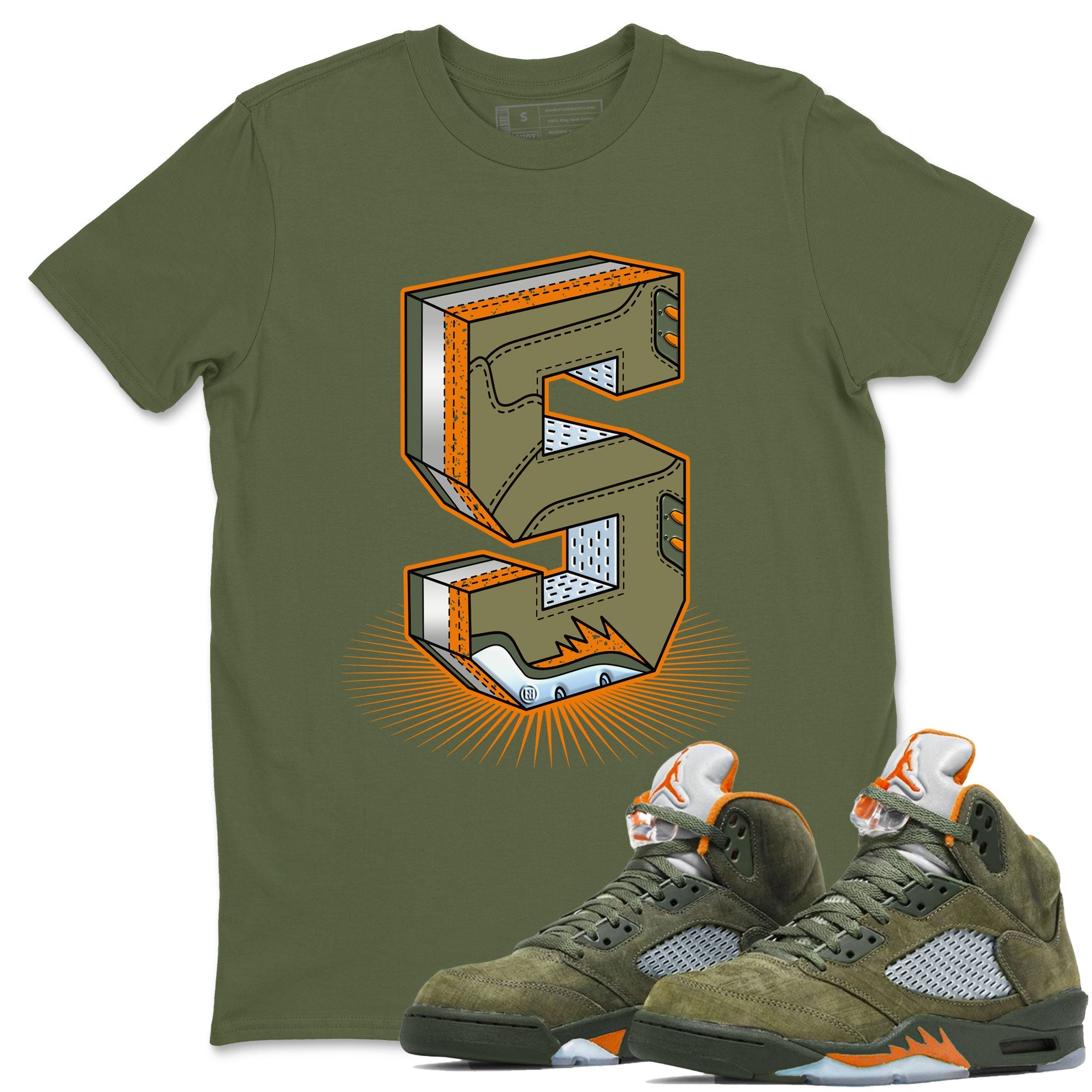 5s Olive shirt to match jordans Number Statue sneaker tees Air Jordan 5 Retro Olive Drip Gear Zone unisex cotton Military Green 1 crew neck shirt