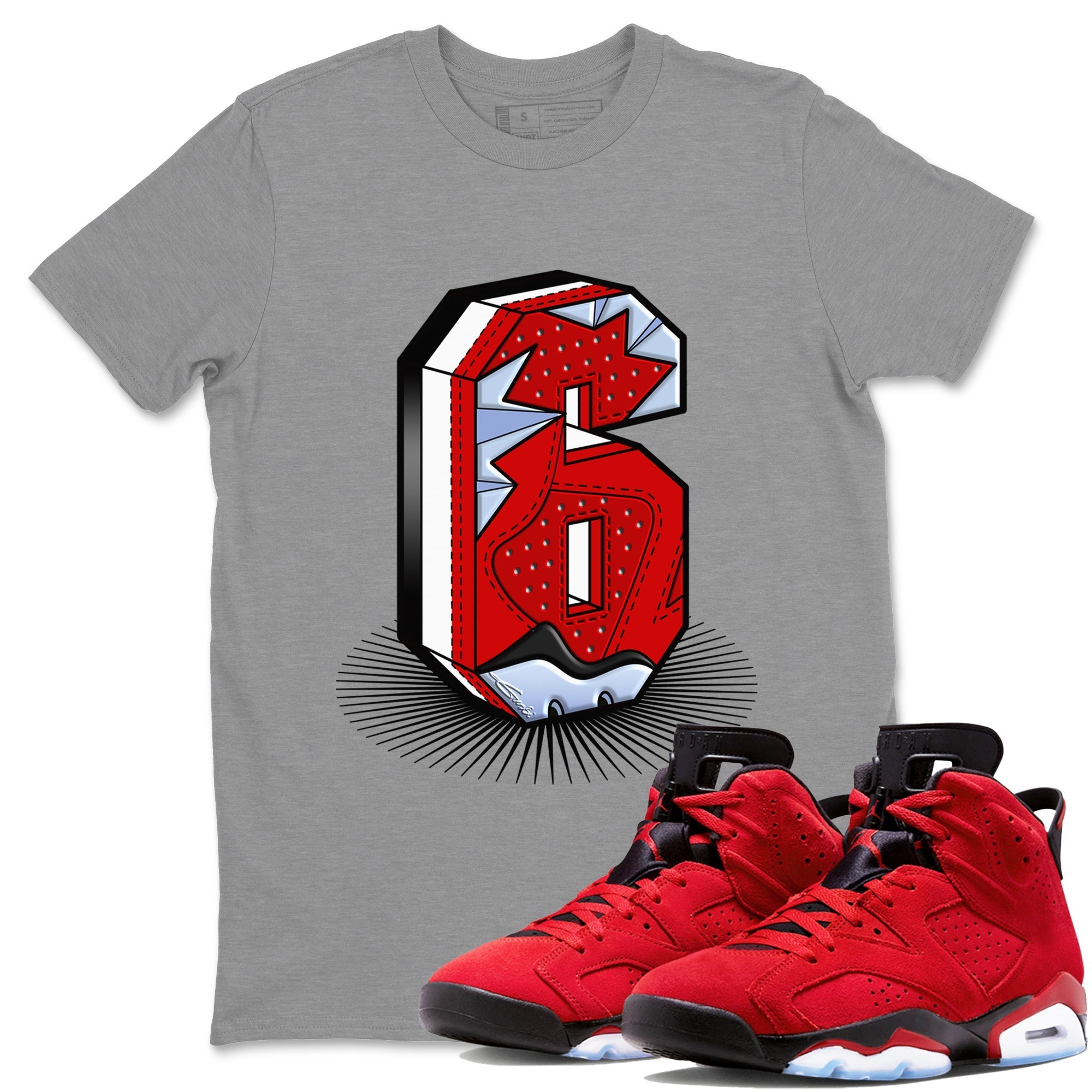 Air Jordan 6 Toro Bravo Number Statue Crew Neck Streetwear Sneaker Shirt Air Jordan 6 Toro Bravo Sneaker T-Shirts Size Chart