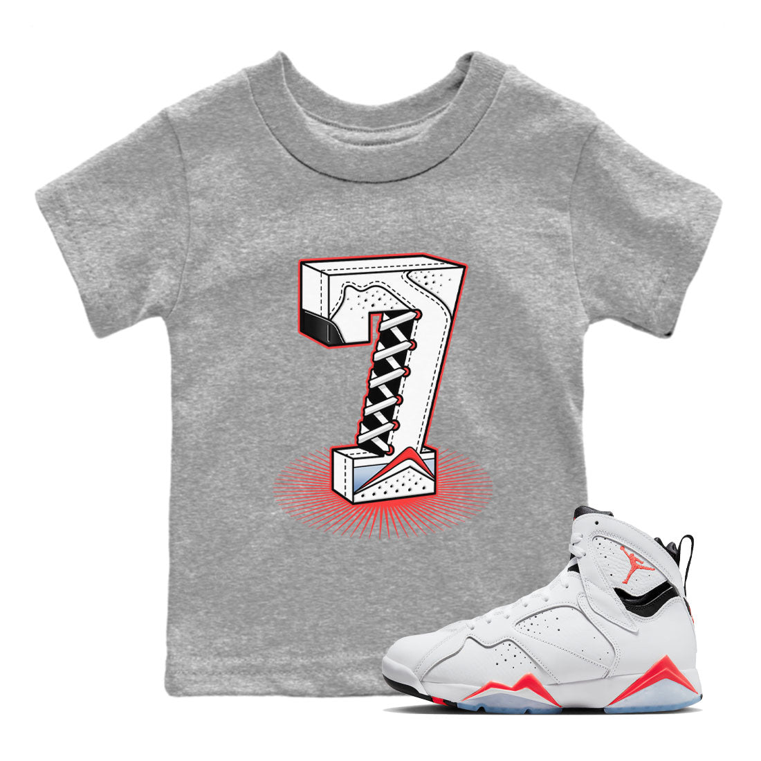 Air Jordan 7 White Infrared Sneaker Match Tees Number Statue Streetwear Sneaker Shirt 7s White Infrared Drip Gear Zone Sneaker Matching Clothing Kids Shirts Heather Grey 1