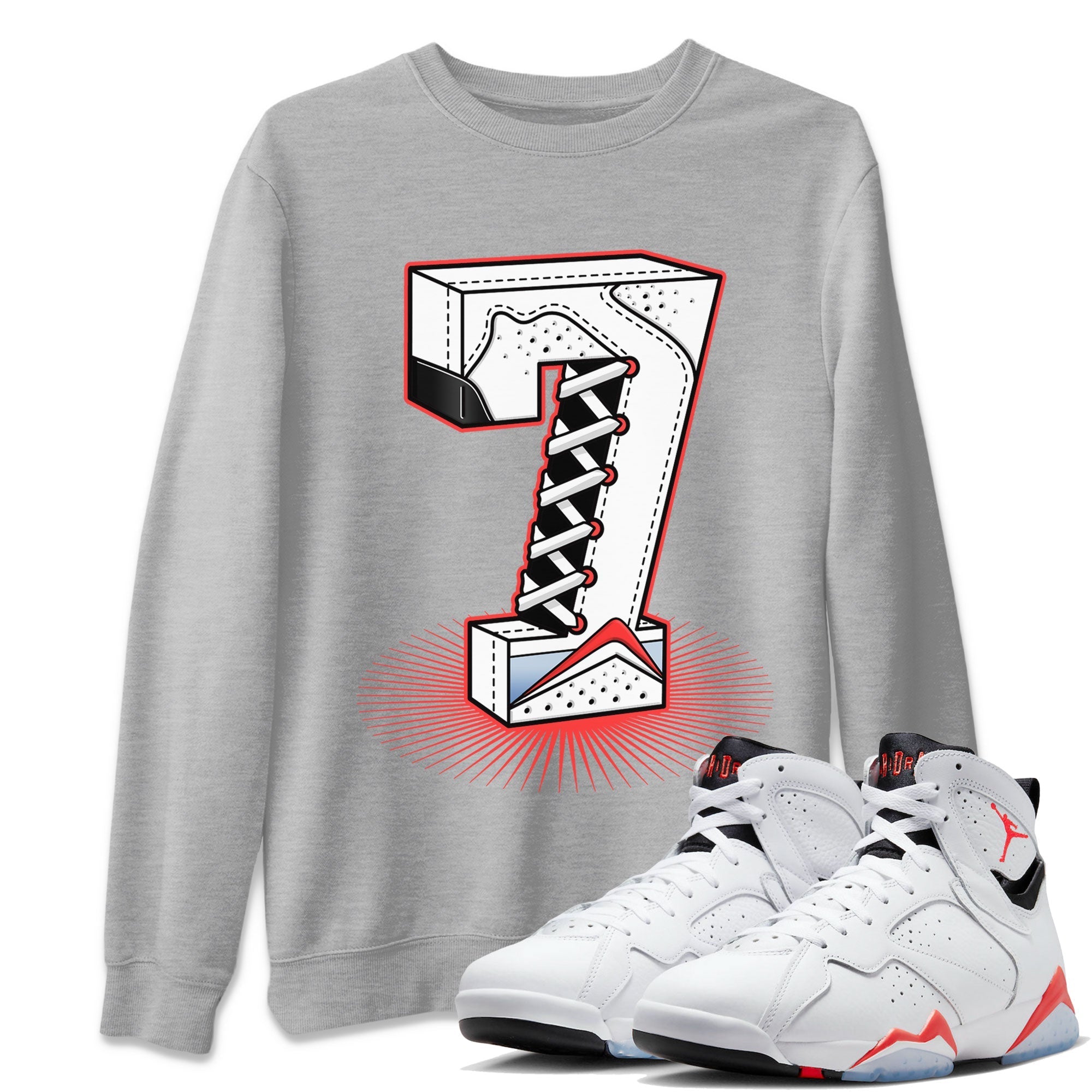 Air Jordan 7 White Infrared Sneaker Match Tees Number Statue Streetwear Sneaker Shirt 7s White Infrared Drip Gear Zone Sneaker Matching Clothing Unisex Shirts Heather Grey 1
