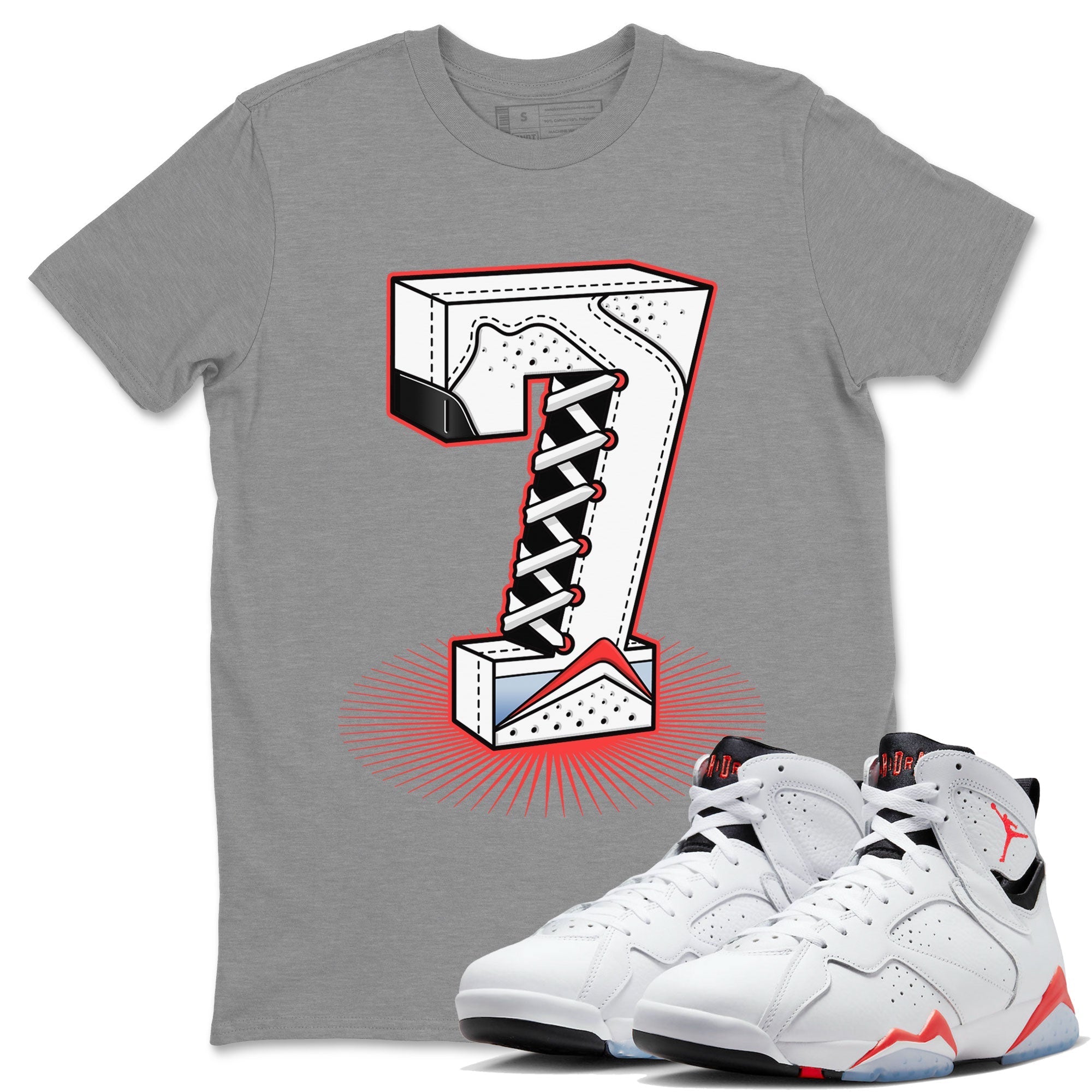 Air Jordan 7 White Infrared Sneaker Match Tees Number Statue Streetwear Sneaker Shirt 7s White Infrared Drip Gear Zone Sneaker Matching Clothing Unisex Shirts Heather Grey 1