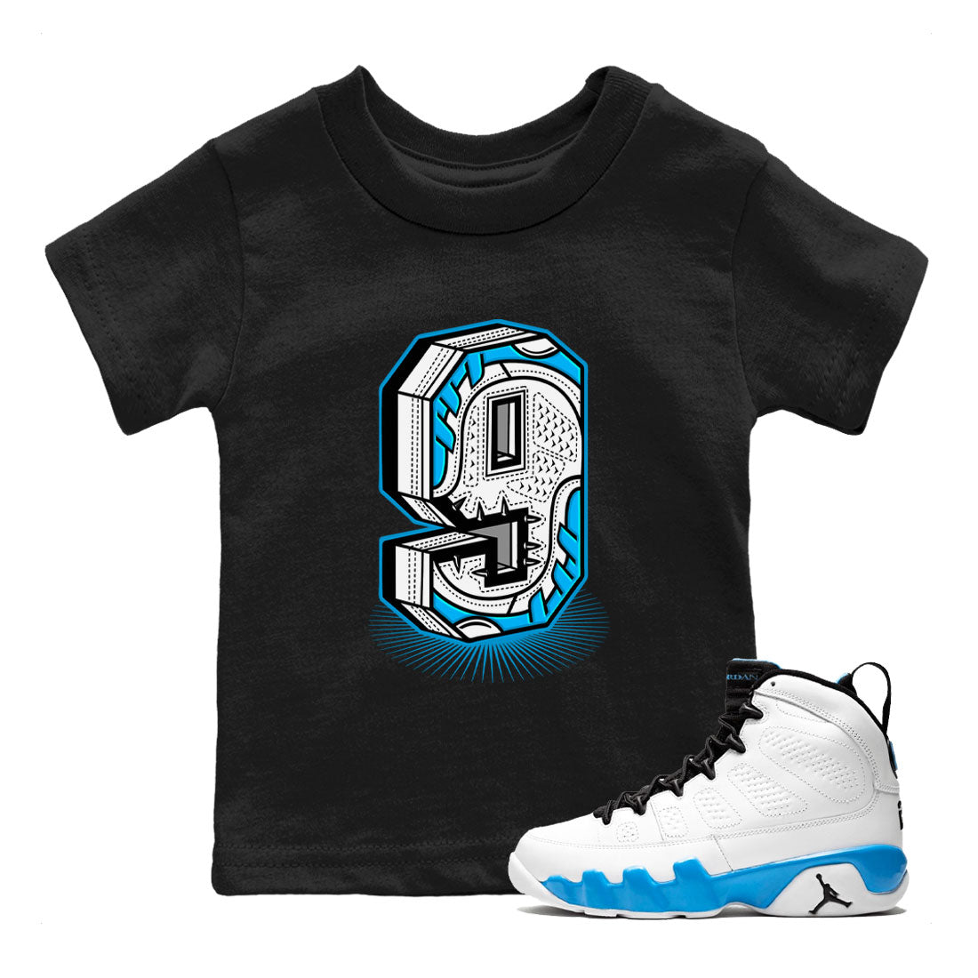 AJ9 Powder Blue shirt to match jordans Number Statue sneaker tees Air Jordan 9 Powder Blue Drip Gear Zone baby toddler Black 1 cotton Shirt