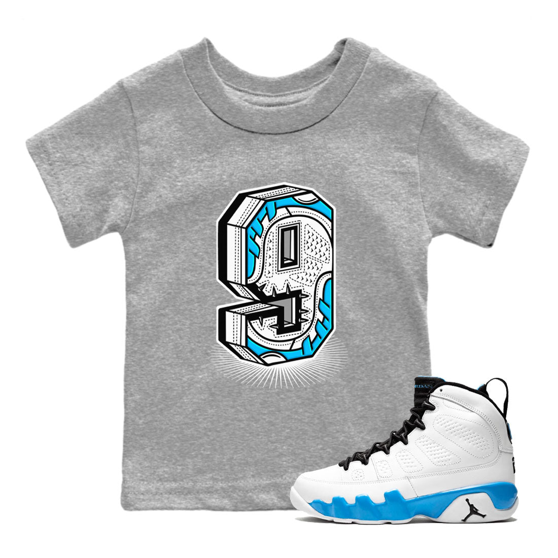 AJ9 Powder Blue shirt to match jordans Number Statue sneaker tees Air Jordan 9 Powder Blue Drip Gear Zone baby toddler Heather Grey 1 cotton Shirt