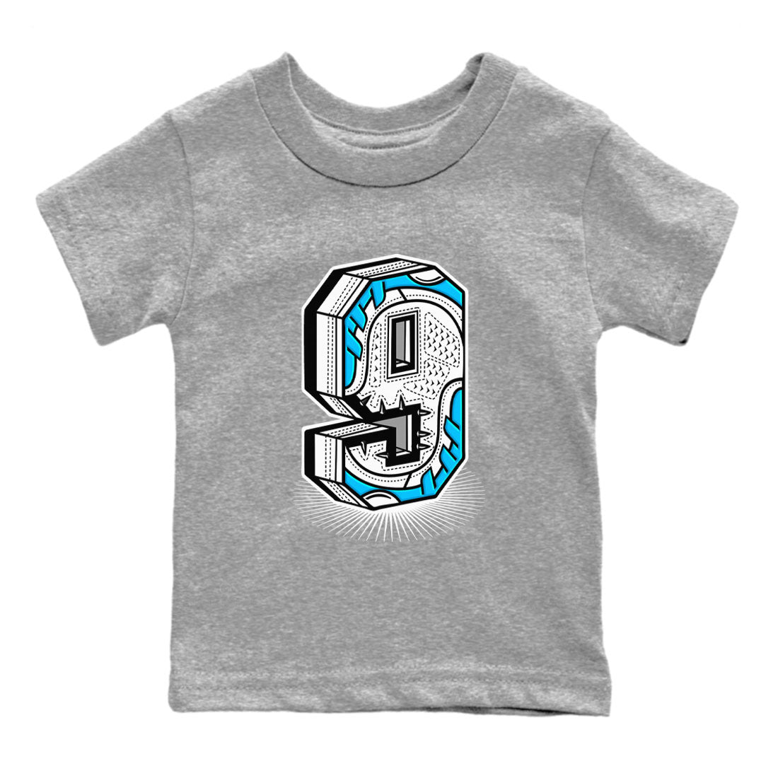 AJ9 Powder Blue shirt to match jordans Number Statue sneaker tees Air Jordan 9 Powder Blue Drip Gear Zone baby toddler Heather Grey 2 cotton Shirt